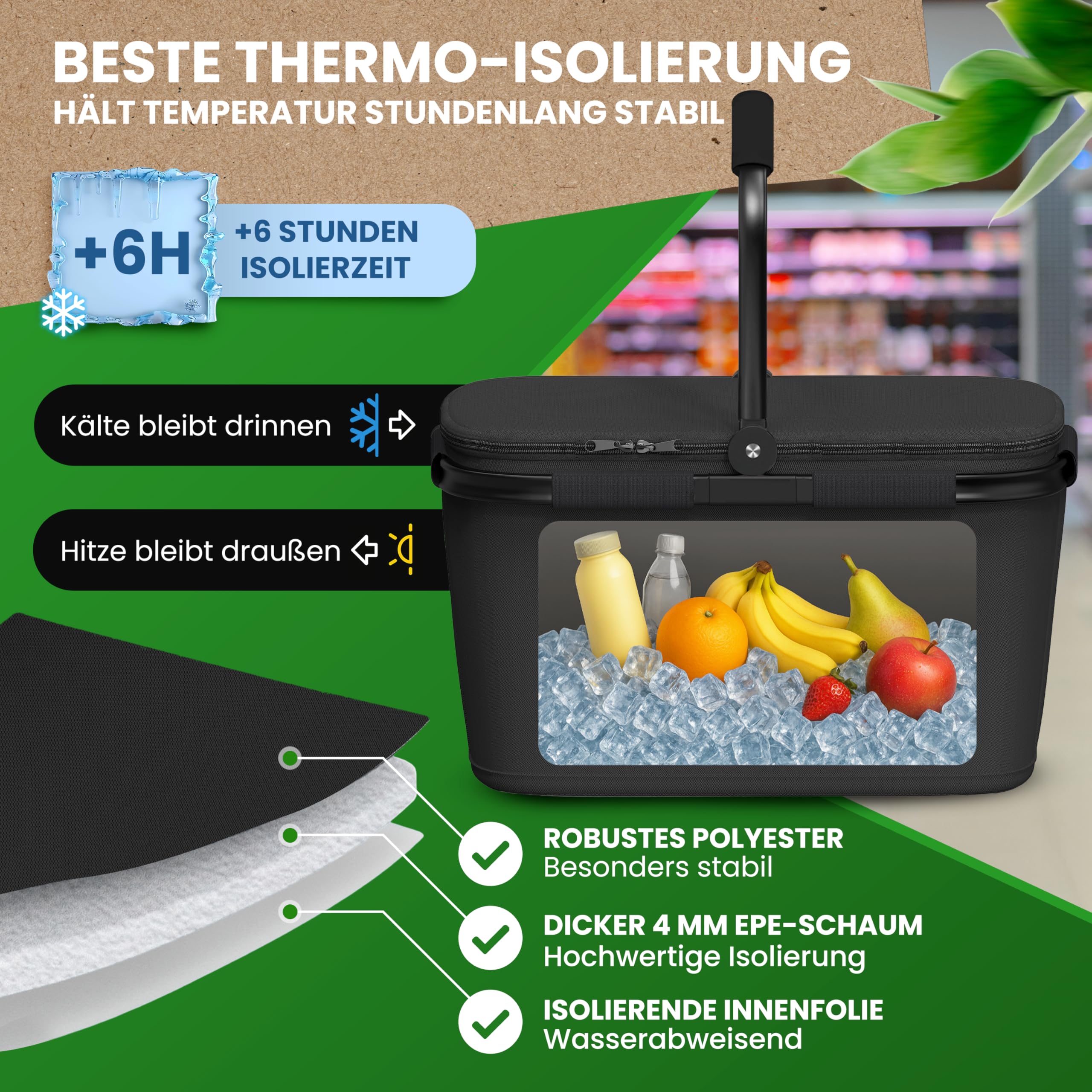 Cottara® Thermo Einkaufskorb Kühltasche groß | isolierter Einkaufskorb mit Deckel, verstärktem Boden, Frontfach mit Reißverschluss | Ideal als Kühlkorb oder Picknick Korb (Schwarz)
