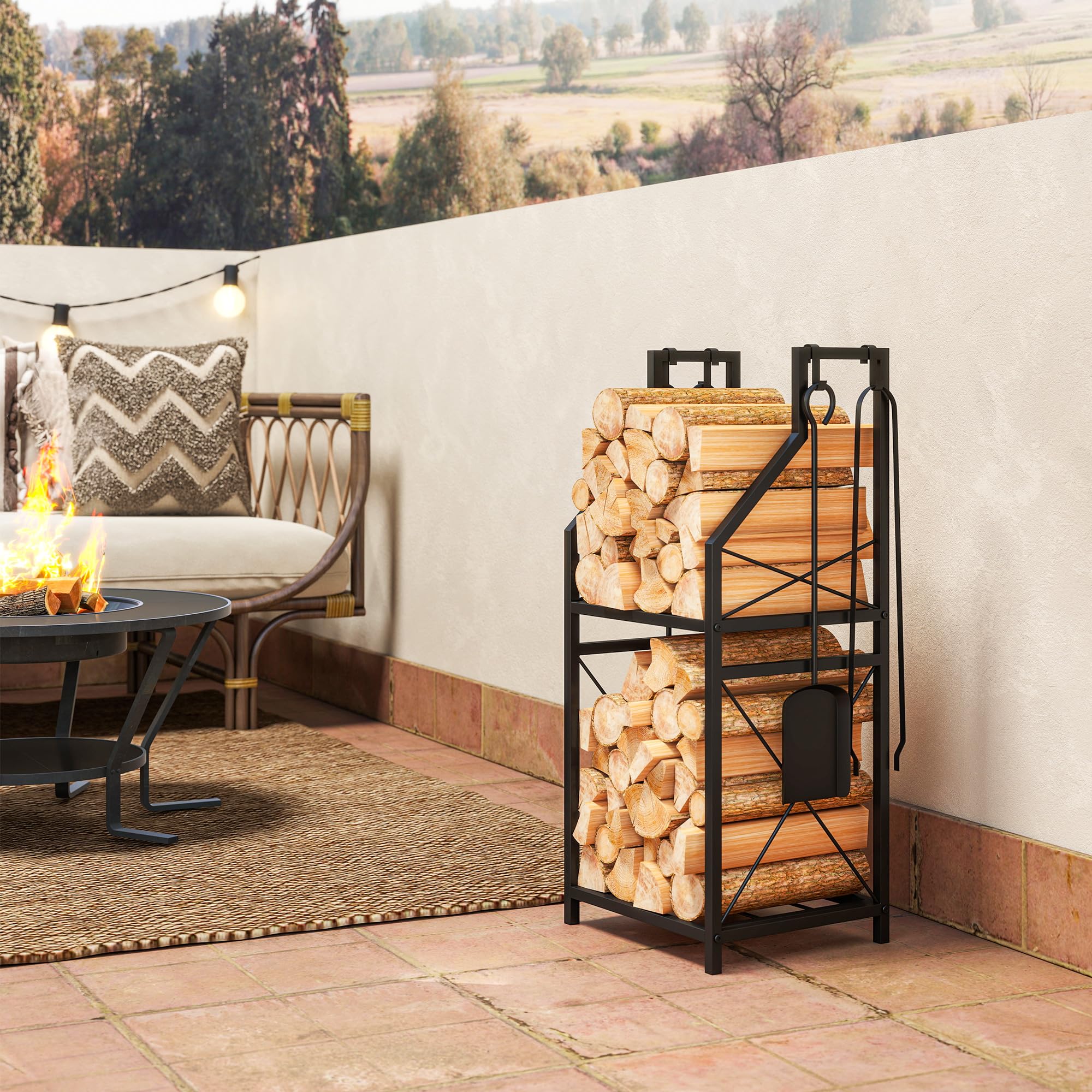 Outsunny Estante de Leña Metálico de Chimenea, Soporte para Leña de 2 Niveles, Leñero Exterior con 4 Herramientas, Ganchos y Base Elevada, para Interior y Exterior, 34x30x80 cm, Negro