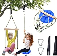 Vista 10 de Columpio para niños, juego de columpios de árbol de disco, accesorios de cuerda ajustable con barras de mono, 1 mosquetón, 2 correas para colgar, 3