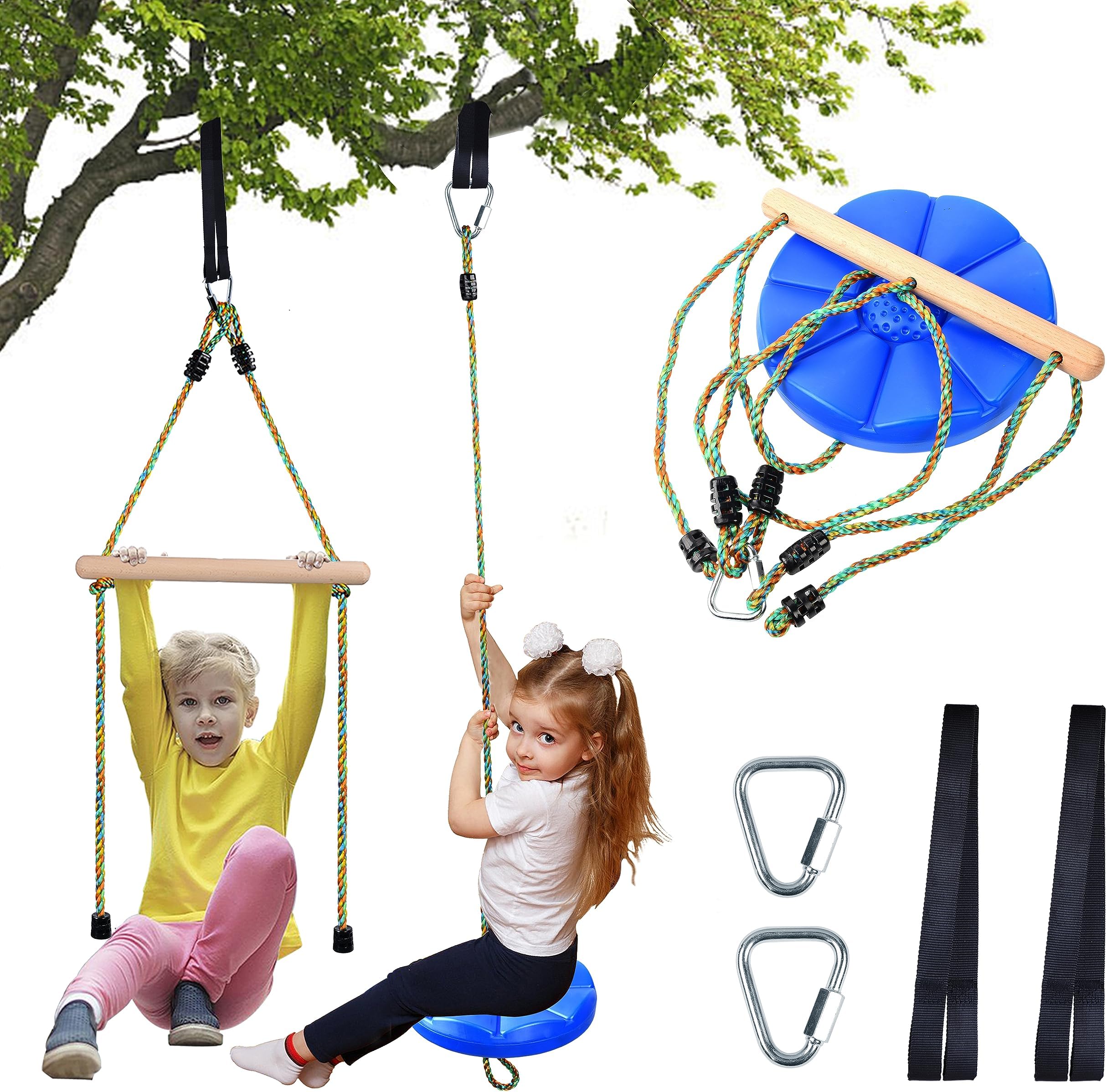 Disc Swing for kids Tree Swing Set Accessories Rope Swing Adjustable Swing Set With Monkey Bars 1 Carabiner 2 Added Hanging Straps 3IN1 Heavy Duty Swingset for Zipline Outdoor Backyard Playground Blue