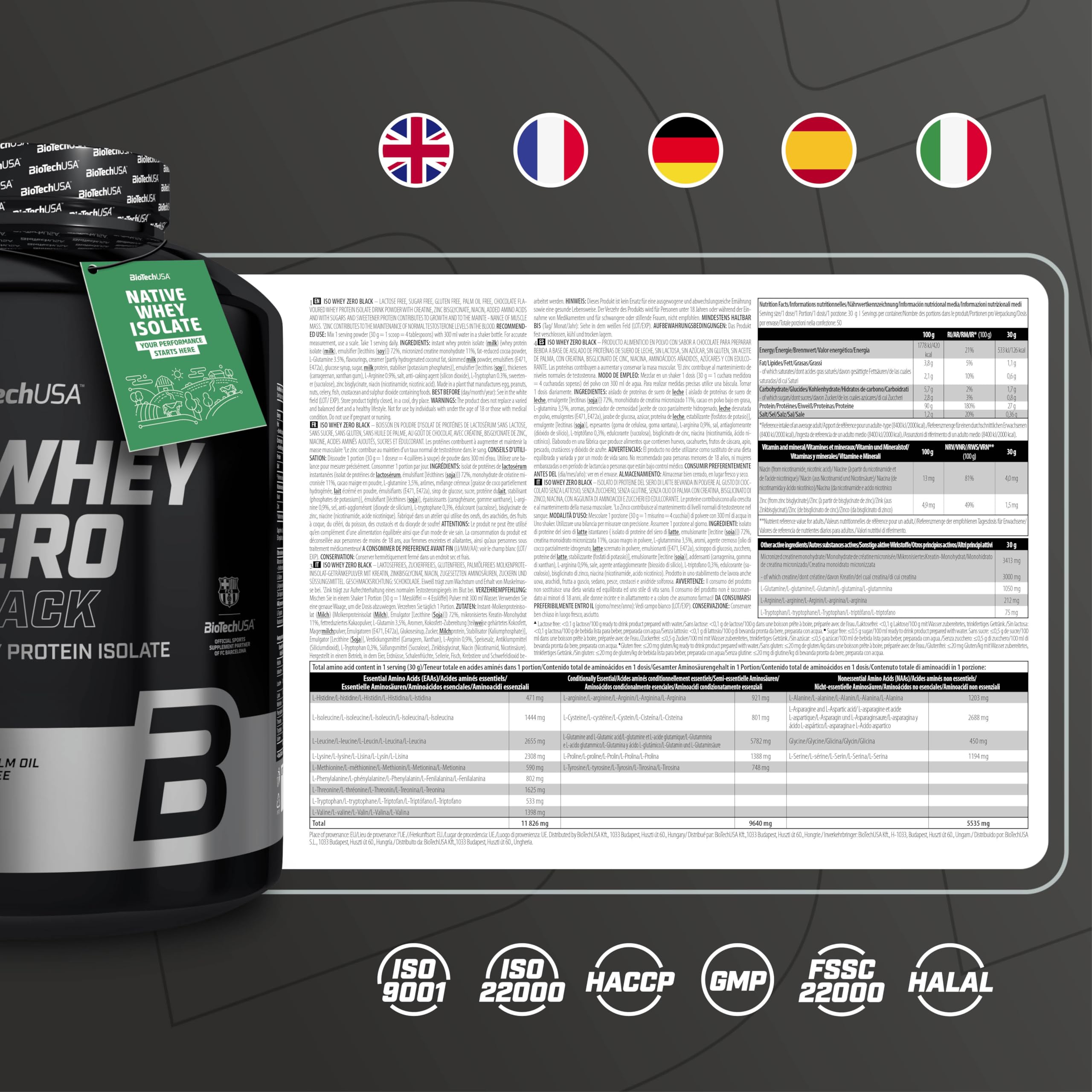 BioTechUSA Iso Whey Zero Black | Protéine de première qualité avec créatine, zinc, vitamine B3 et acides aminés | 90% de protéines | Sans sucre, sans lactose, sans gluten, 1816 g, Chocolat