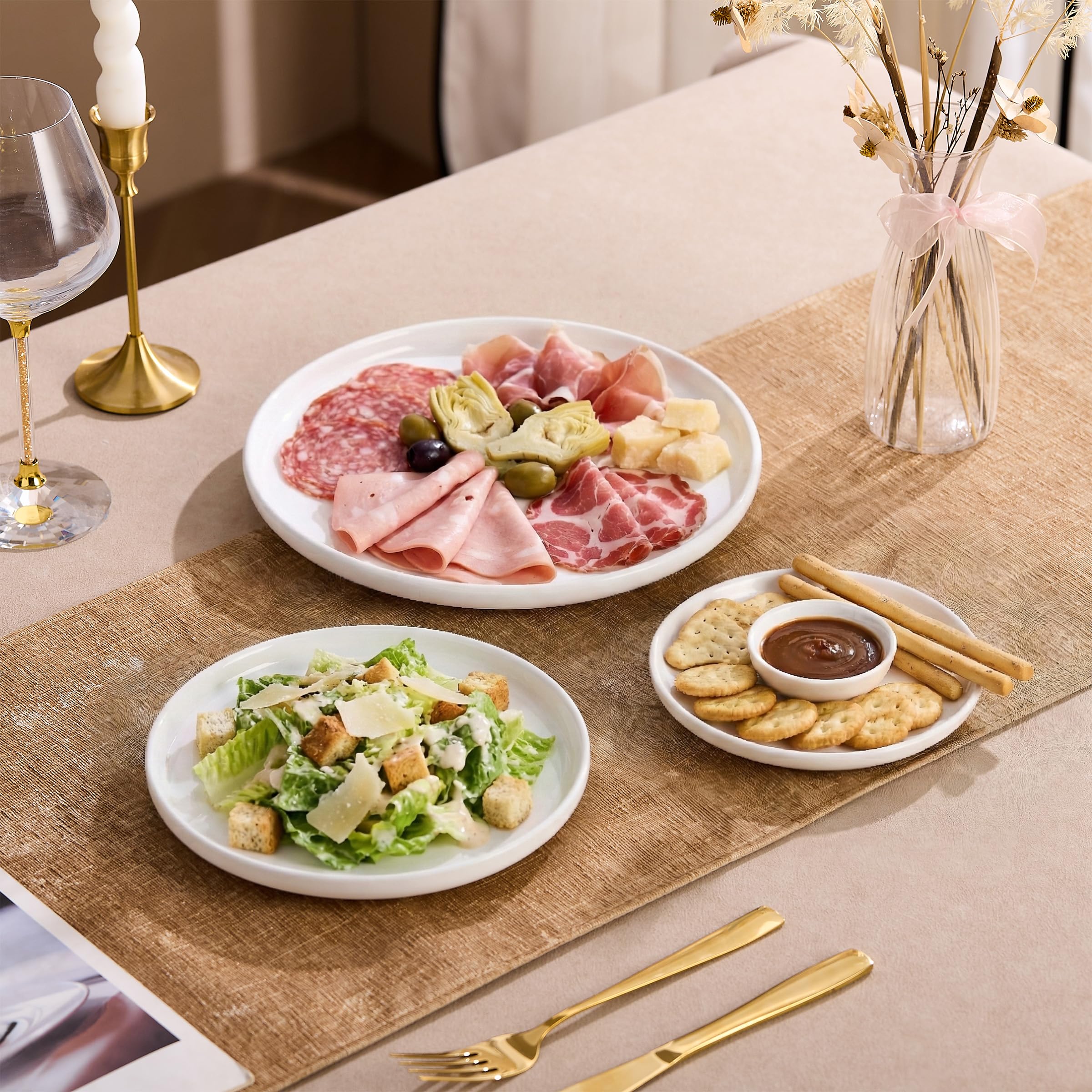 Speiseteller Groß 4er Set, Kuchenteller Weiss 25cm, Keramik Frühstücksteller, Flache Essteller für Salat, Pasta, Fleisch, Fisch