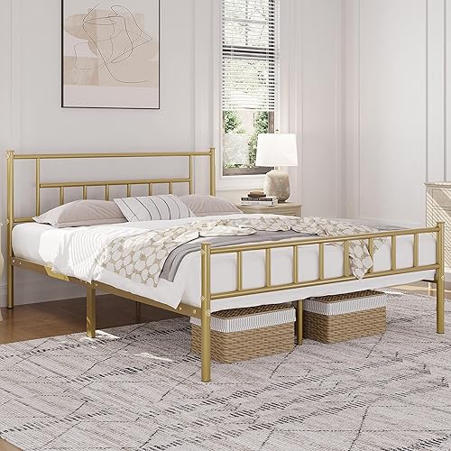 Miniatura 3 de Yaheetech Base de cama de metal tamaño Queen de 13 pulgadas con cabecero y plataforma de estribo, base de cama con almacenamiento, no necesita