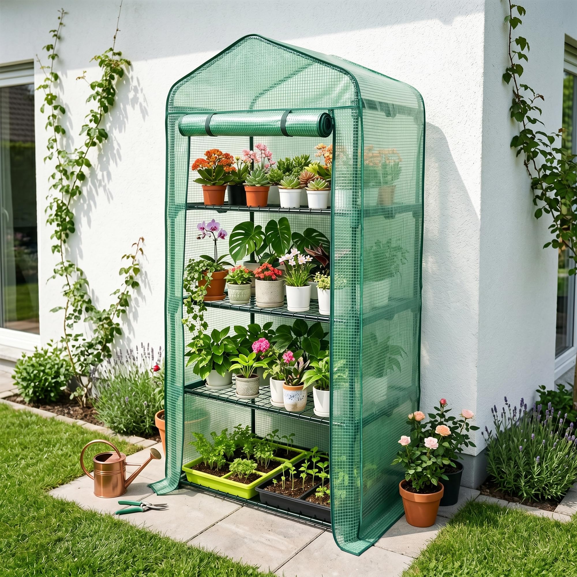 Worth Ogrodowa 4-poziomowa mini szklarnia – 160 cm wys. x 71 cm dł. x 45 cm szer. – stabilne przenośne półki ogrodowe z wytrzymałą osłoną PE z zwijanymi drzwiami na zamek błyskawiczny – mały zielony