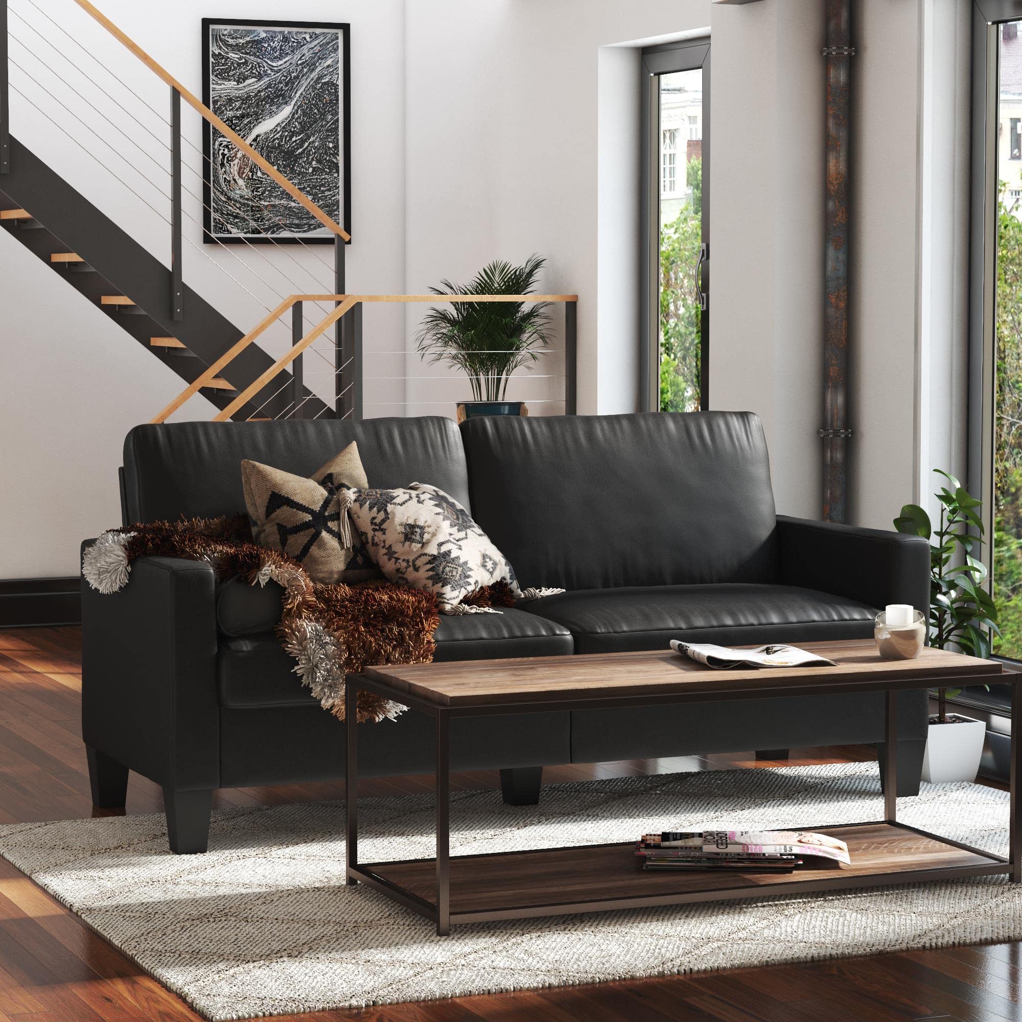 DHP Furniture Rylie Sofa, Black Faux Leather