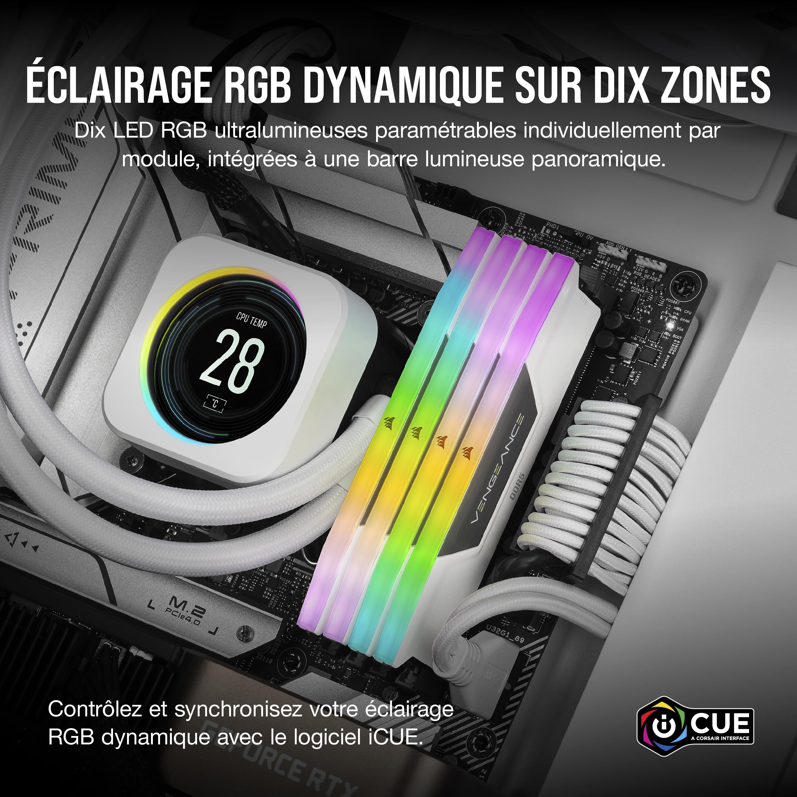 CORSAIR Vengeance RGB DDR5 32Go (2 x 16Go) Jusqu'à 6000MHz AMD Intel RAM | Mémoire pour Ordinateur de Bureau, Compatible AMD EXPO et Intel XMP 3.0, CL36, Blanc, CMH32GX5M2E6000Z36W