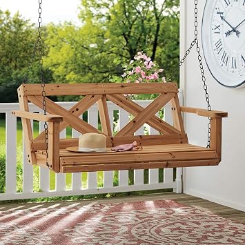 Backyard Discovery 55 Cedar Wood Farmhouse Outdoor Porch Swing Bench with Two-Person Seating, Durable Hanging Chains, Water-Resistant, Heavy-Duty 600 Lbs Weight Capacity for Patio, Deck, Garden