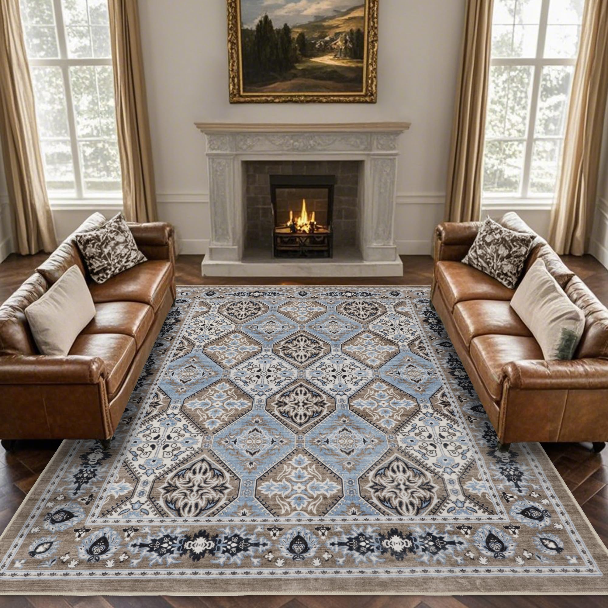 Brevonox Area Rug for Living Room - Indoor Machine Washable Vintage Rugs for Bedroom Dinning Room Floor Carpet Non-Slip Backing Rugs Floral Soft