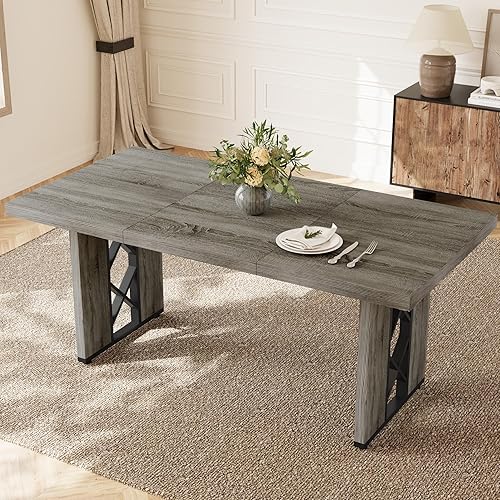 Miniatura 20 de Juego de mesa de comedor de 7 piezas para 6-8 personas, mesa de cocina MDF de 70.8 pulgadas con 6 sillas tapizadas, ahorro de espacio para comedor,