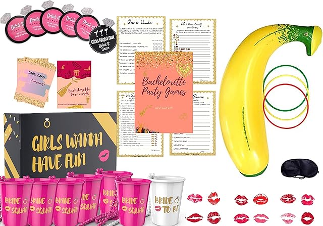 8 Bachelorette Party Games I Bridal Shower Decorations Game Bundle I 50 Dare Card I 10 Necklace Cups I 30 Cards Game I 1 Banana Toss I Cheat Sheet for Girls Night Out I Hen do Party