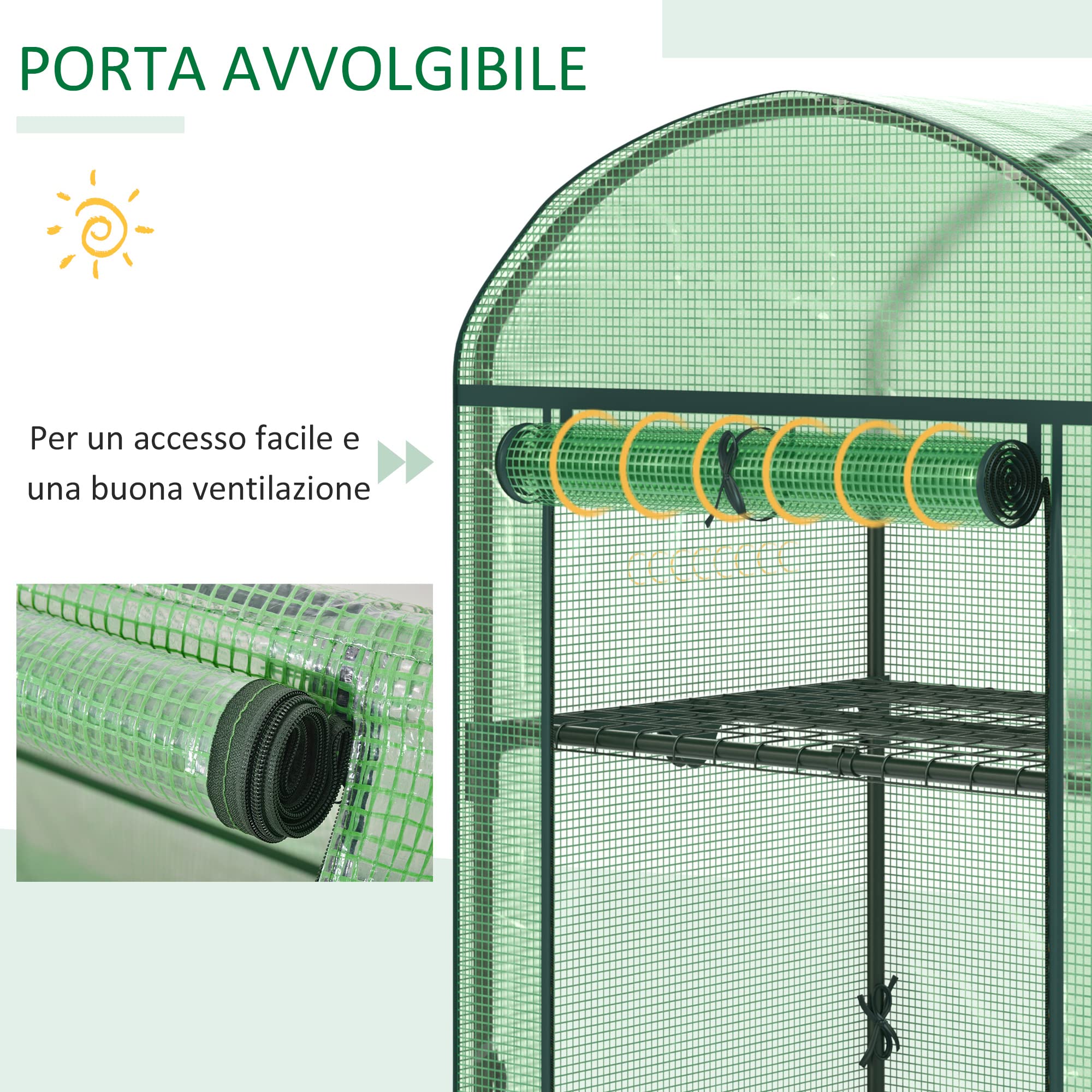 Outsunny Mini Serra da Giardino con 2 Ripiani in Metallo e Copertura in PE, Serra da Balcone e Terrazza Compatta 69x49x91cm, Verde