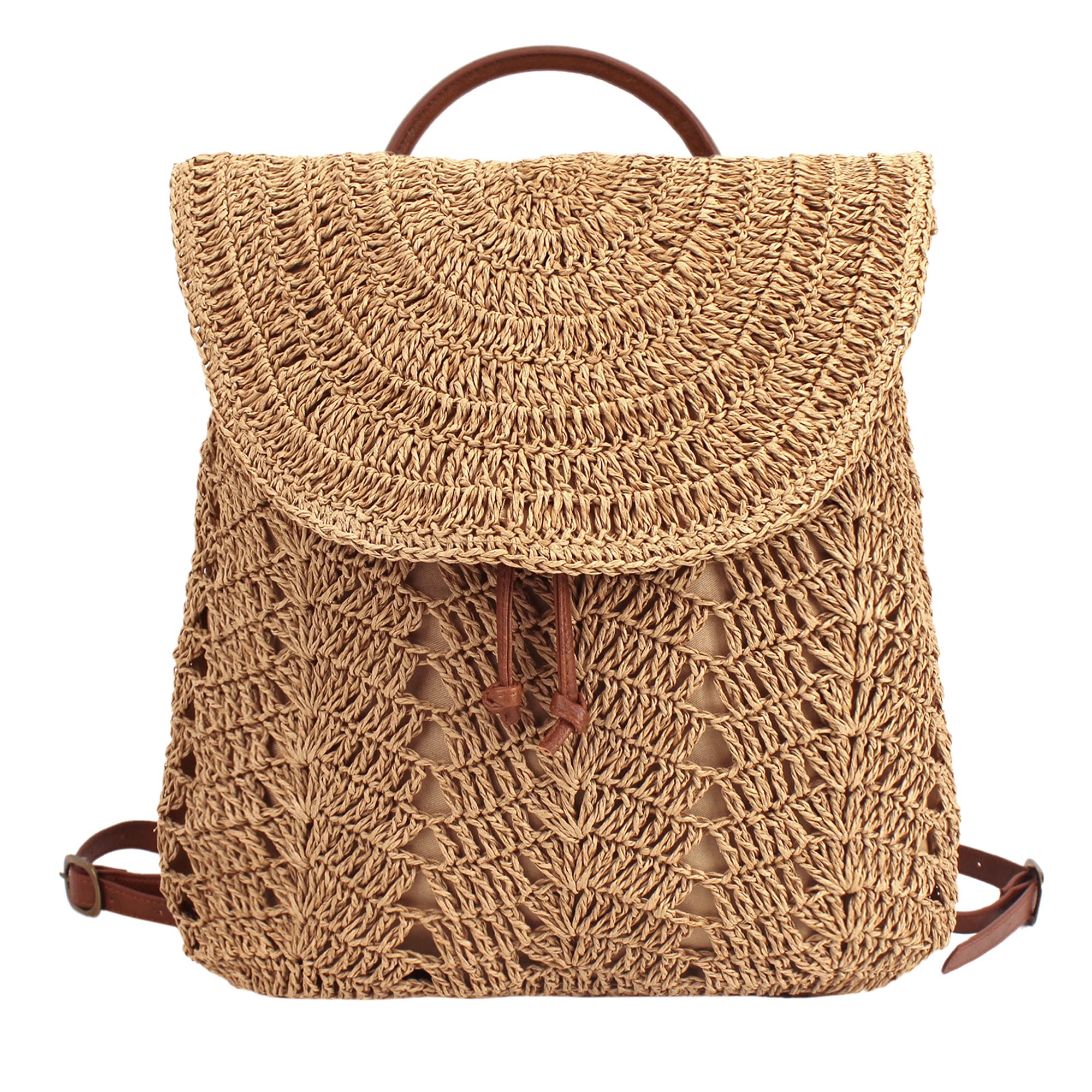 Women Small Colored Stripes Straw Woven Backpack Belt Buckle Flap Daypack Summer Beach Shoulders Bag