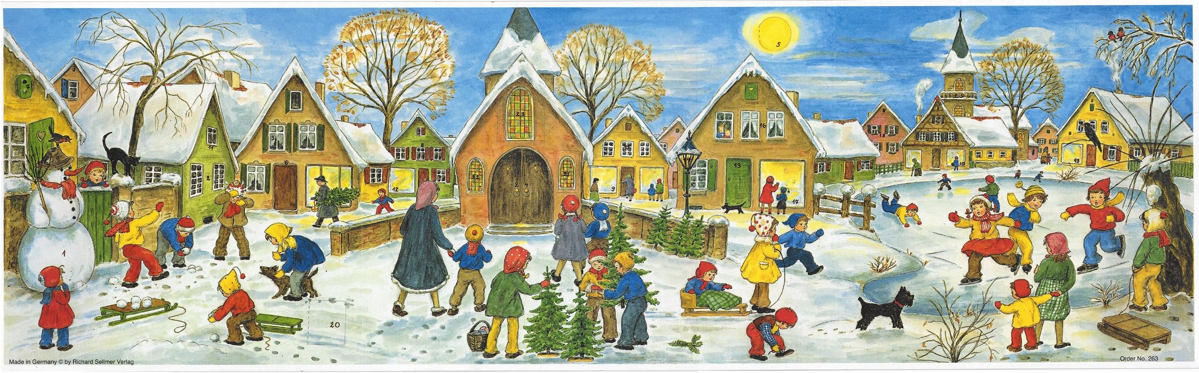 Large Panoramic Advent Calendar 24 Doors 213 x 650 mm - Snowscene Children Snow - with Glitter and Translucent Windows - RS 263 - Traditional Antique German Design