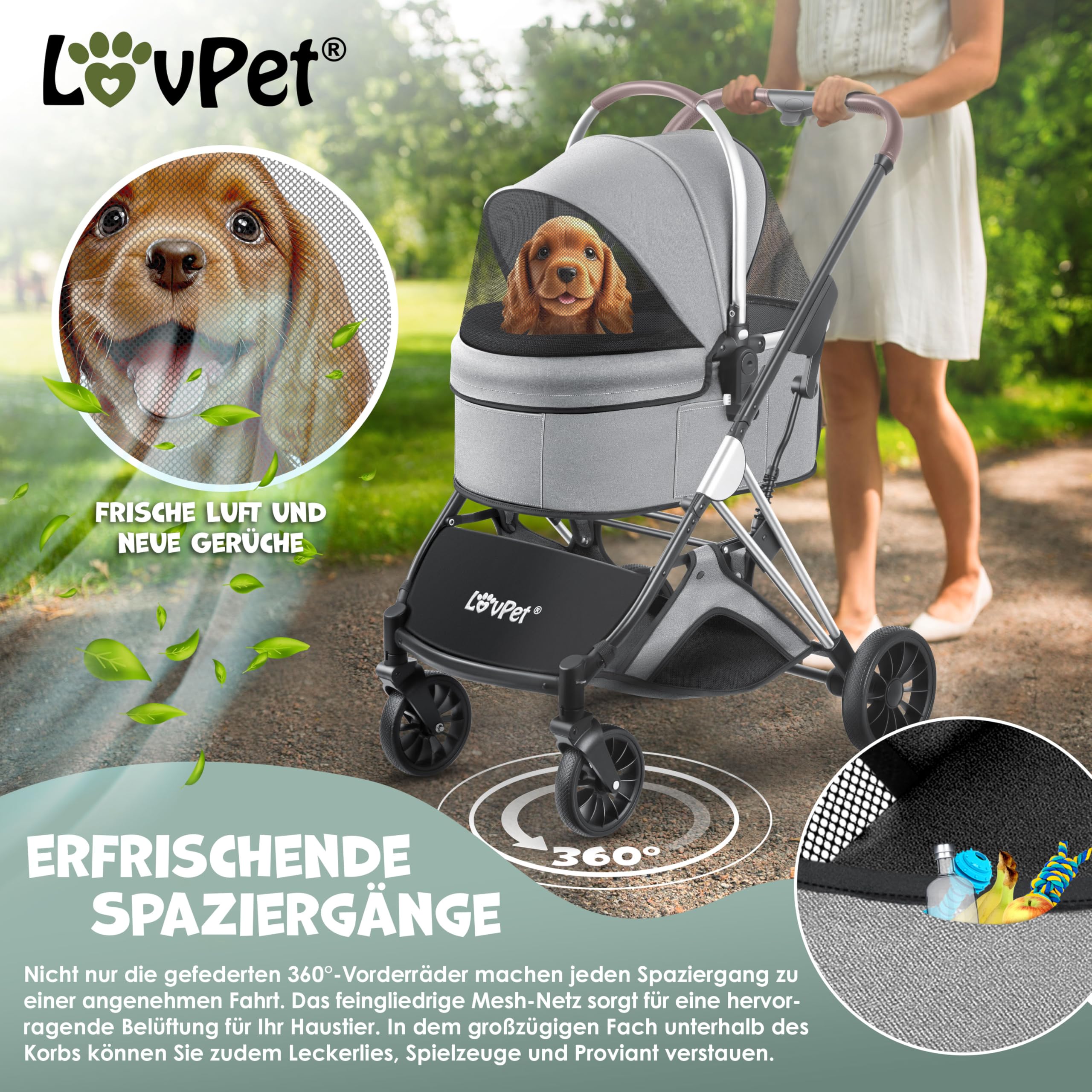 LOVPET® Passeggino per cani 3 in 1, borsa per il trasporto per cani di piccola taglia, pieghevole a 360°, con finestre a rete e copertura antipioggia, per cani di piccola taglia e gatti