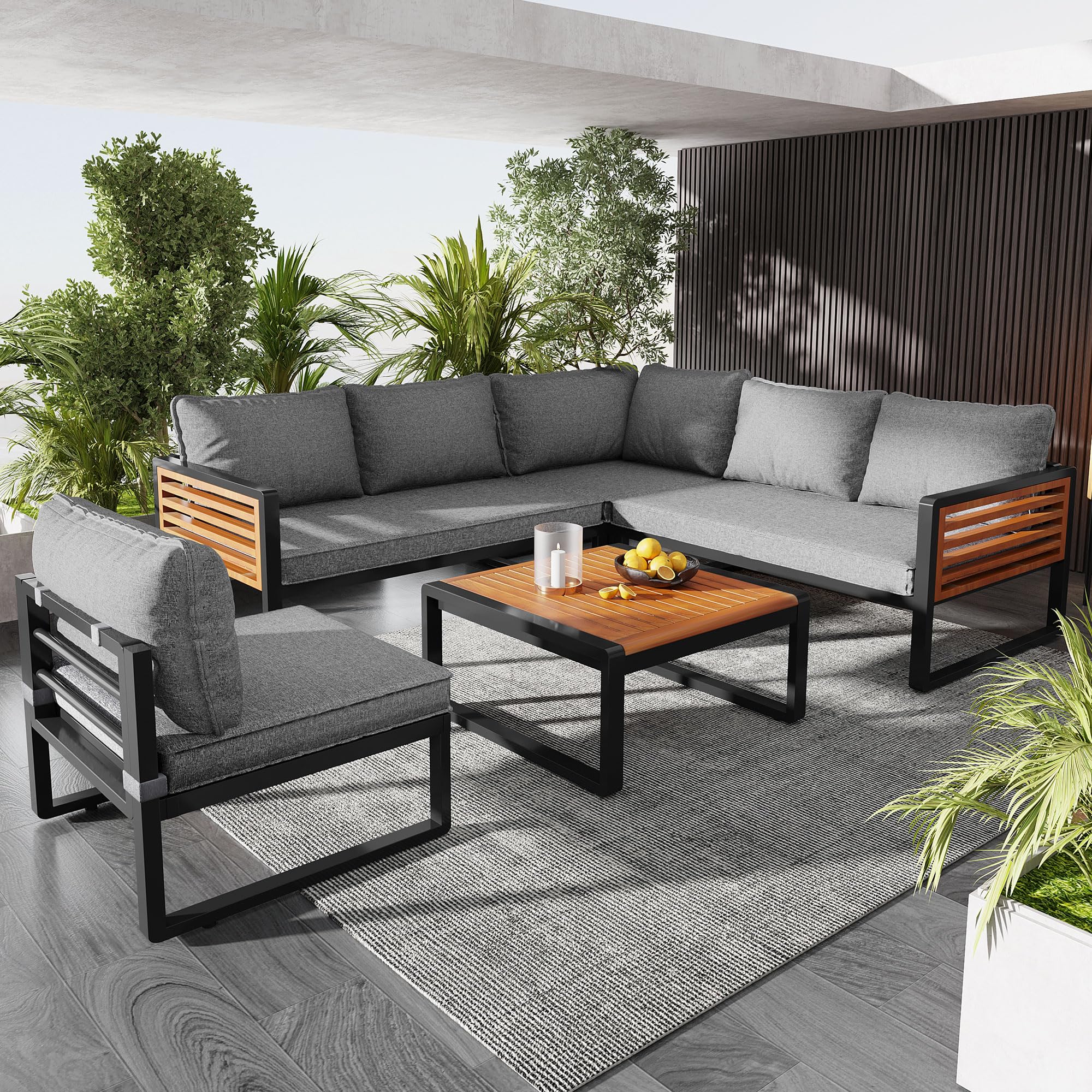 Ensemble Salon de Jardin Exterieur 5-6 Places, Mobilier de Jardin en Métal avec Structure en Fer Zinc et Accoudoirs en Bois, Canapé d'angle Modulable, Table Basse en Bois Massif