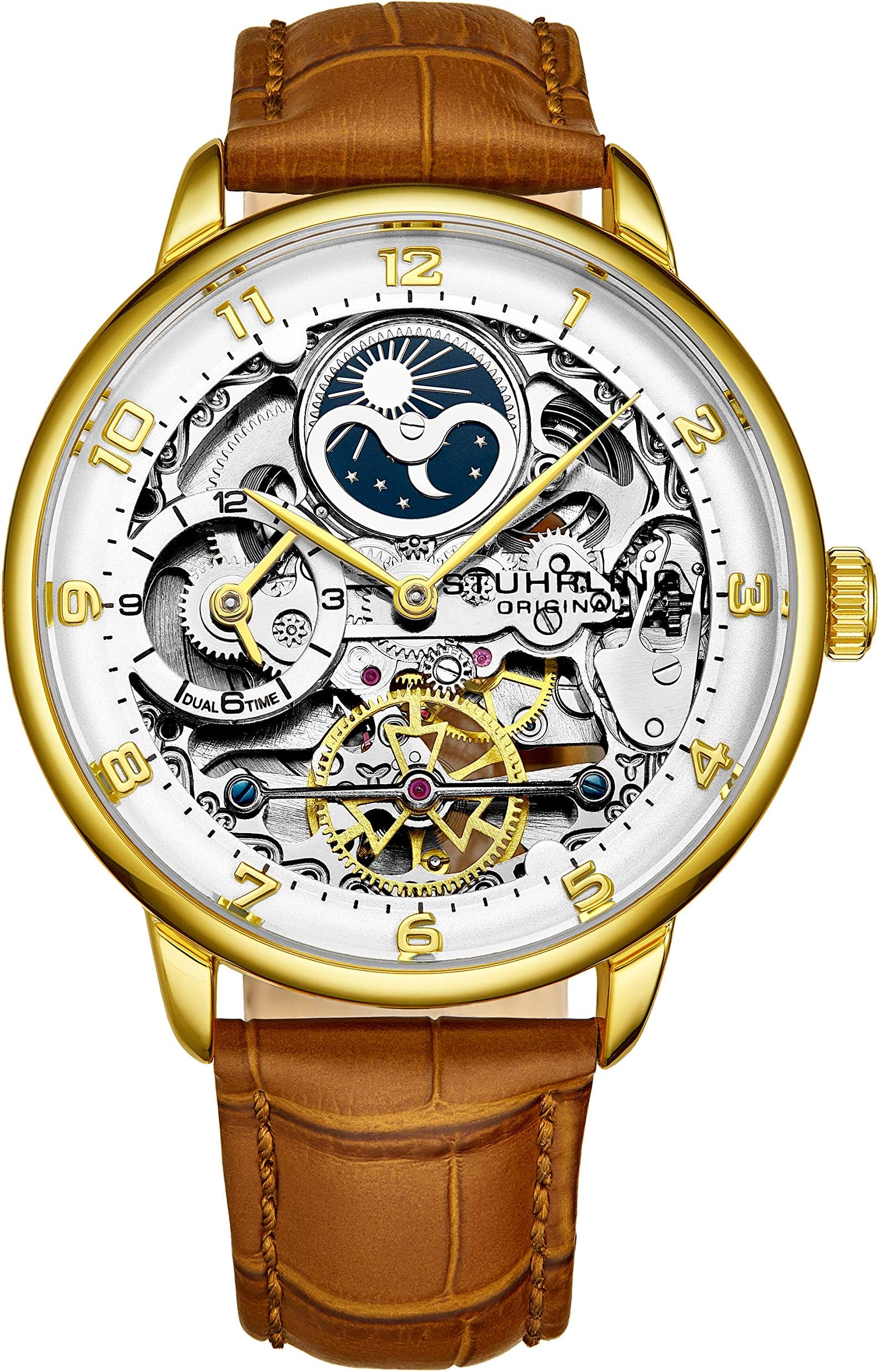 Stuhrling Original Men's Skeleton Automatic Watch - Analogue Dial, Dual Time, AM/PM Sun Moon 3925 Men's Watch for Wristwatches