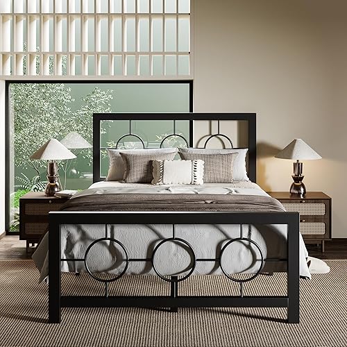 Allewie Marco de cama de plataforma de metal tamaño individual con cabecera de estilo moderno y vintage, no necesita somier, fácil montaje, sin