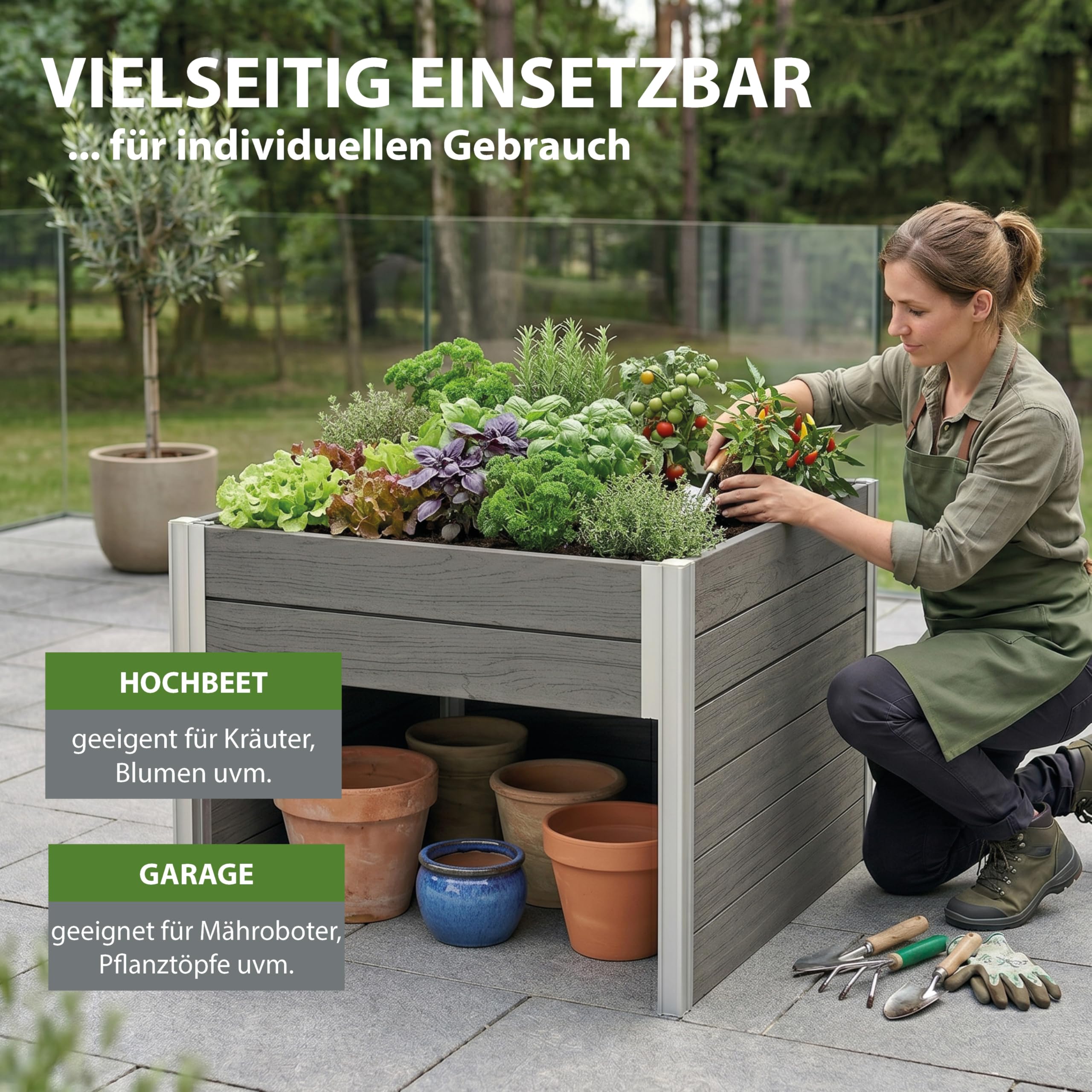 TRUTZHOLM Hochbeet mit Mährobotergarage 2in1 Holzoptik 73x79x56 cm Rasenroboter Garage Pflanzkasten anthrazit