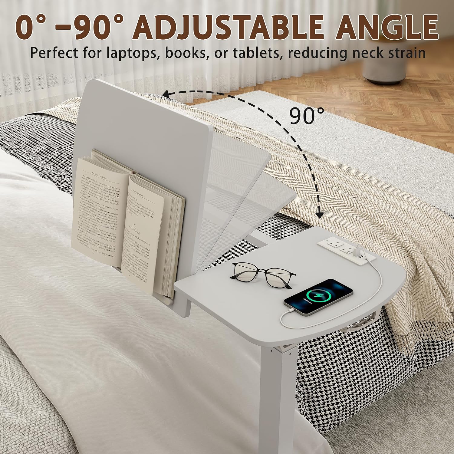 6 In 1 Overbed Bedside Table with Wheels, 32'' Long 90° Medical Adjustable Tilt Hospital Bed Table, Standing Desk with Charging Station Cup Holder Hook, 30''-43'' Height Home Hospital Office (White)