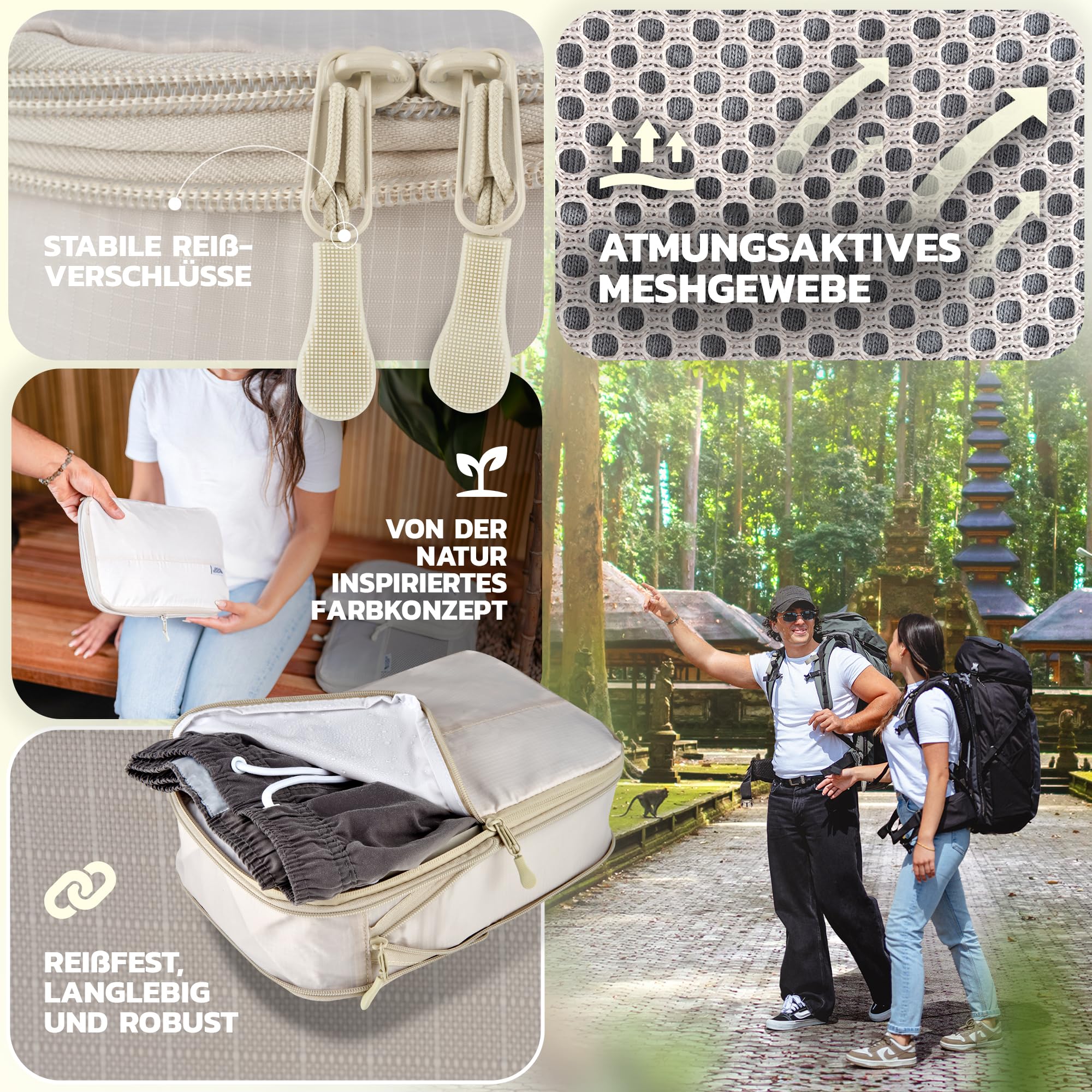 BACK&PACKER® Packing Cubes 4-częściowy zestaw toreb do pakowania z materiału pochodzącego z recyklingu - lekki organizer do plecaka i walizki - w zestawie kostki do pakowania na mokre pranie i worek