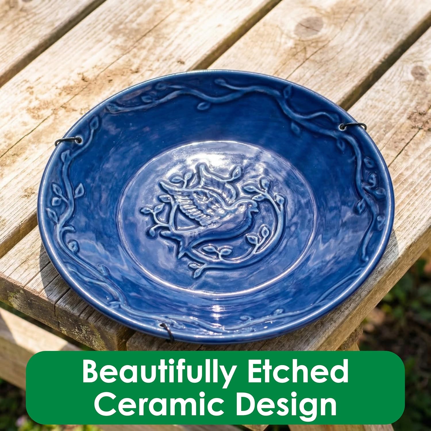 Blue Ceramic Hanging Birdbath, Metal Chain Hanger, Bluebird Bird Bath