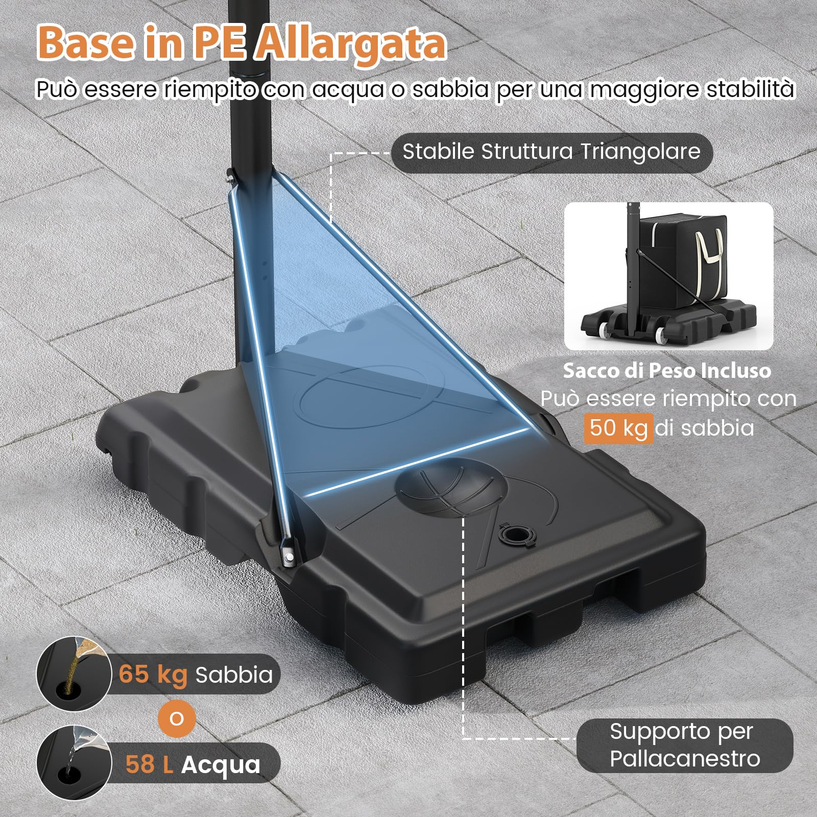 COSTWAY Canestro da Basket da Esterno, Canestro Basket Portatile e Regolabile in Altezza da 1,5 a 3 M con Tabellone in PC da 111 cm, Base Riempibile, Borsa per Pesi e Ruote