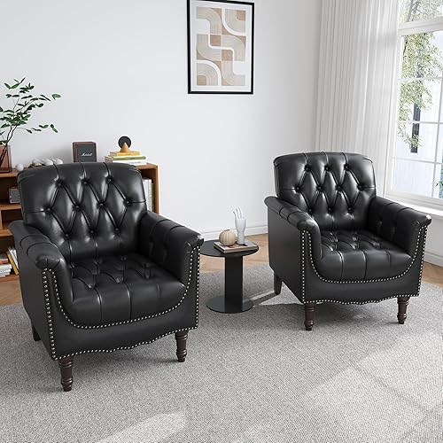 Miniatura 13 de UIXE - Juego de 2 sillas decorativas de cuero sintético, cómodo sillón tapizado para sala de estar, silla con botones decorativos y brazos, sofá