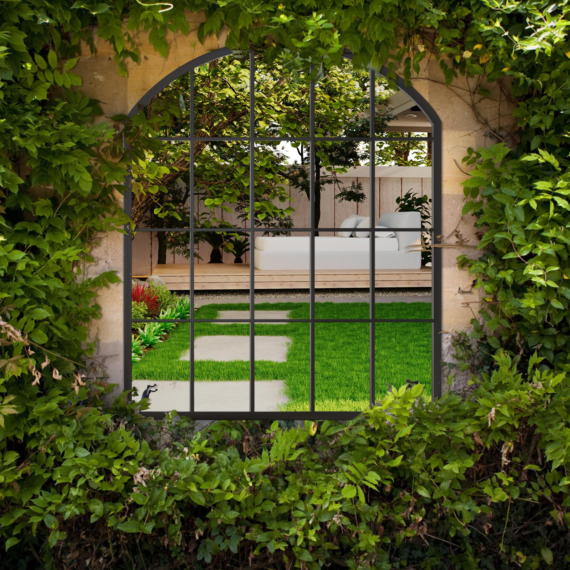 Black Arched Grid Mirror - 36x30 Inch Shatterproof Wall Mirrors with Metal Frame, Window Pane Mirror for Living Room, Bedroom, Entryway, Fireplace & Outdoor Garden Decor