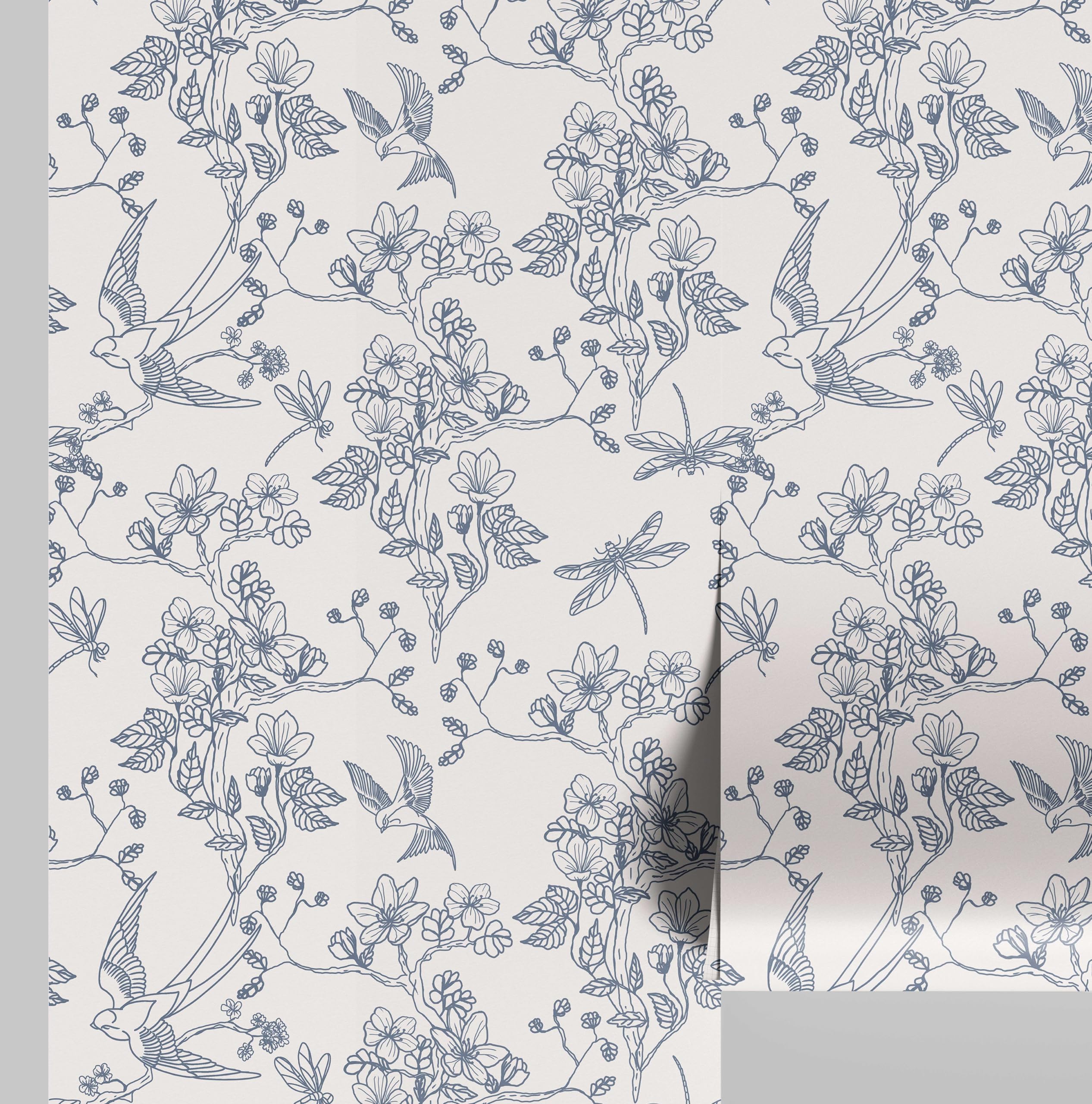 Papier peint autocollant jardin d'oiseaux bleu S4Sassy vinyle amovible 63,5x152 cm