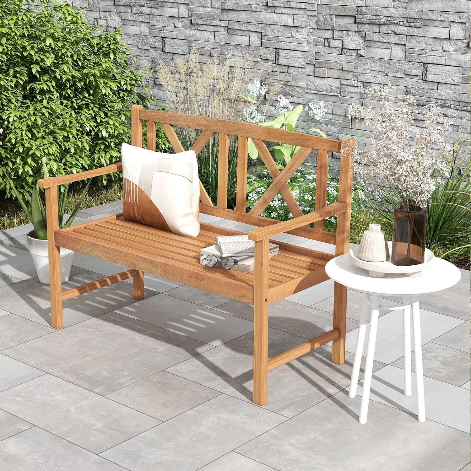 Tangkula Patio Acacia Wood Bench, 2-Person Outdoor Loveseat Chair, Cozy Armrest & Backrest, Sturdy Acacia Wood Frame, Outdoor Slatted Seating Bench for Backyard, Garden, 800 lbs Max Load