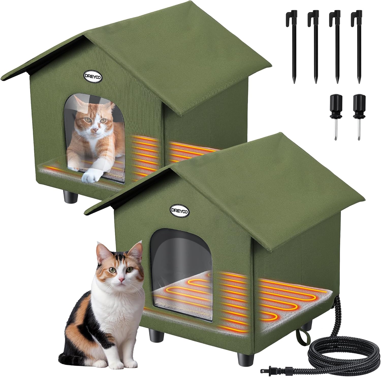 Dreyoo 2 Pack Heated Cat House Weatherproof, Winter Outdoor Tent with Heated Bed, Foldable Warm Shelter with 2 Doors for Feral Cats and Small Animals (Green) 2 Green