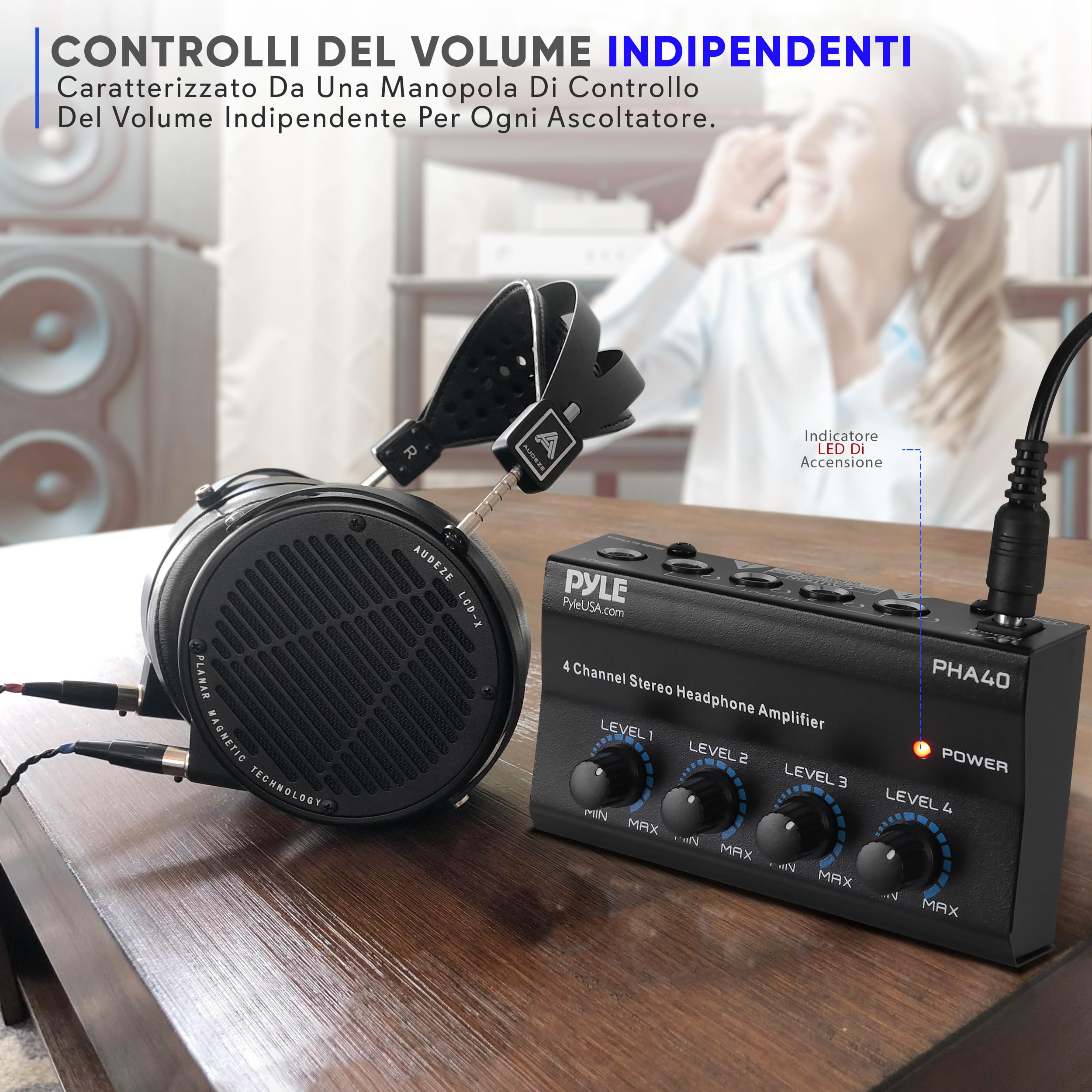 Pyle Preamplificatore Phono, Giradischi - Amplificatore Audio Stereo 4 Canali Portatile con Jack Bilanciato TRS da 6,35 mm e Ingresso TRS da 6,35 mm