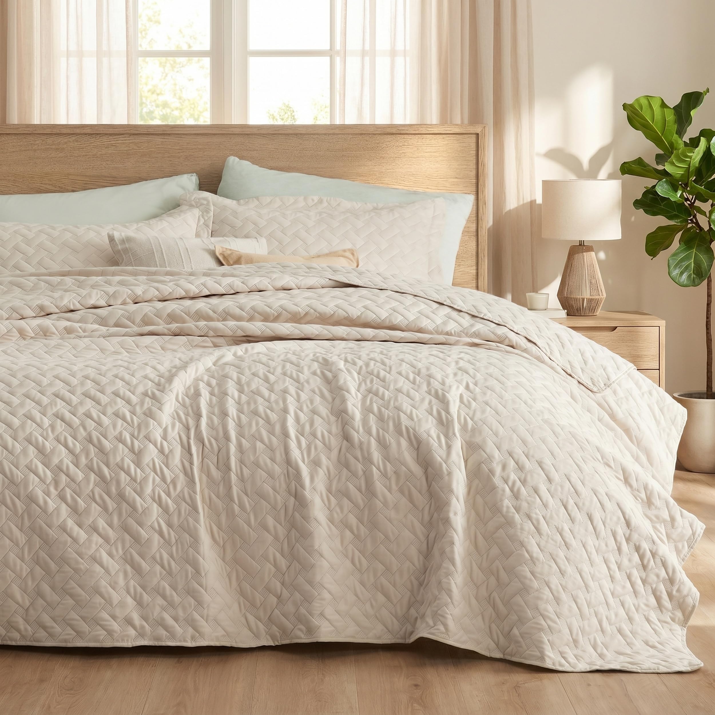 Bedsure Quilts Queen Size, Lightweight Comforter Set, Beige Bedspread | Coverlet, Basket Weave, All-Season Comfort, Skin-Friendly Soft, Breathable, Machine Washable, 90"x96", 3 Pcs, 2 Pillow Shams
