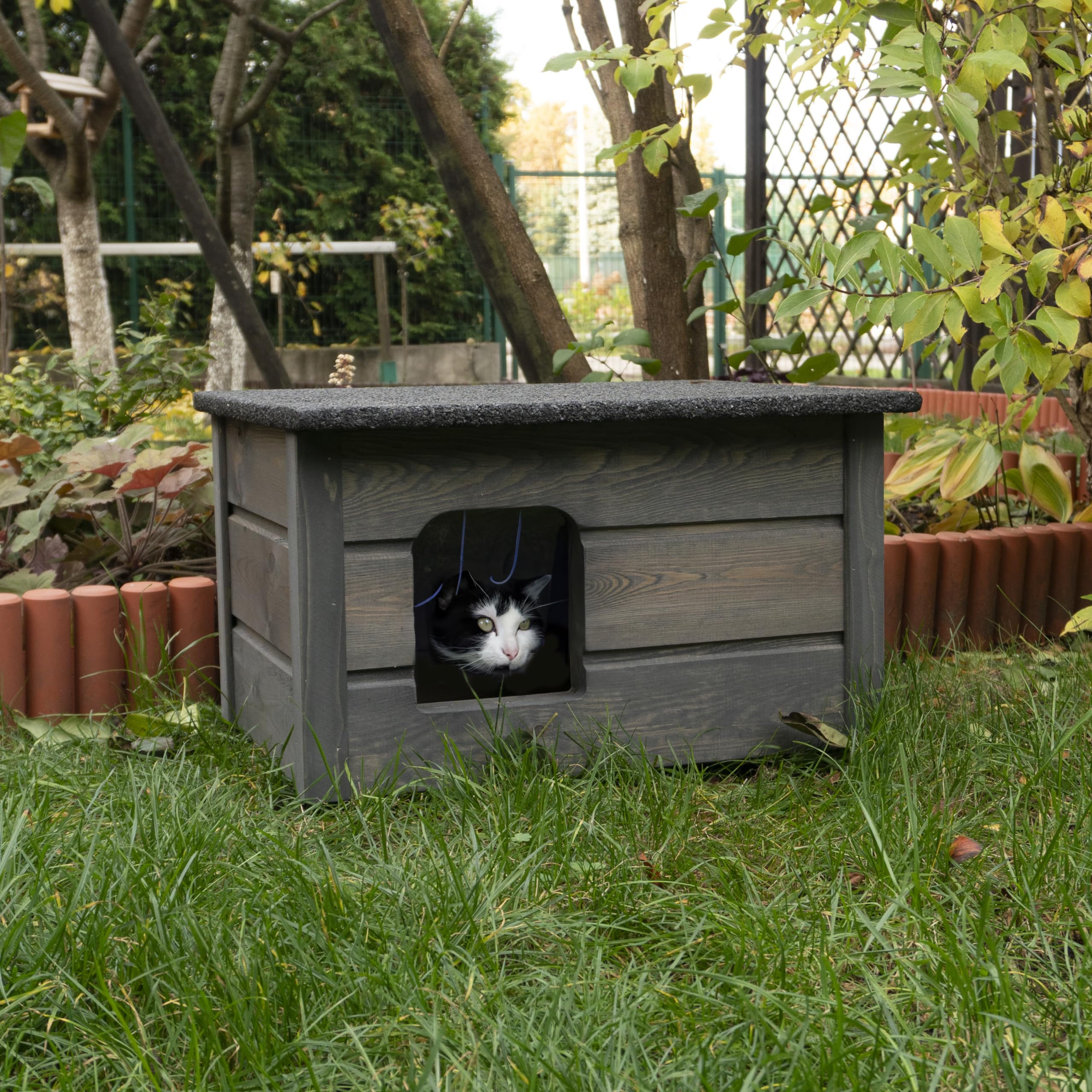 Caseta para gatos, cueva para gatos, para exterior, resistente al agua, aislada, de madera, cartón (gris #E08579)