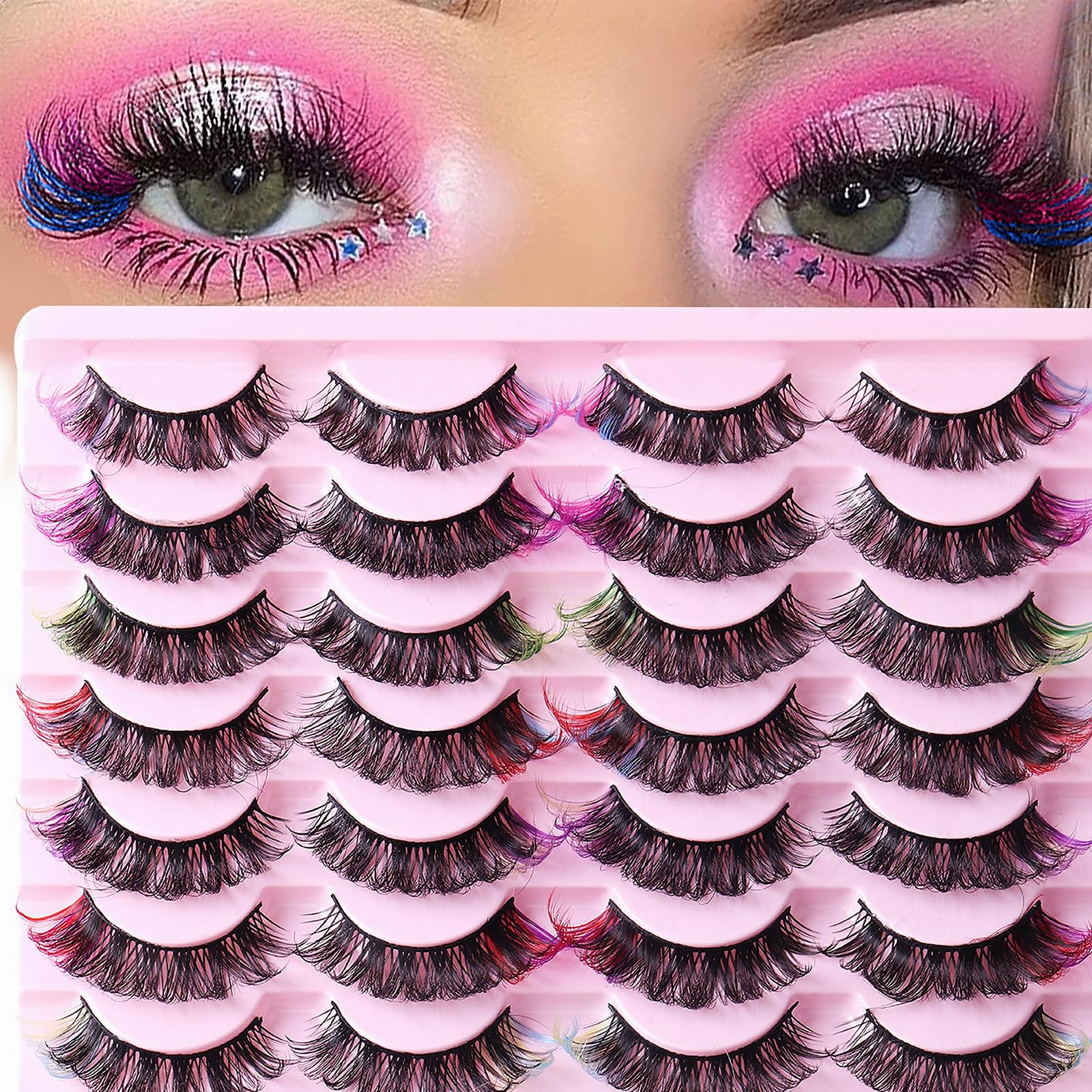 Farbige Wimpern, flauschige Nerz-Wimpern mit Farbe am Ende, dramatische, lange, dicke, bunte Wimpern-Cluster, voll gelockte falsche Wimpern, Katzen-, Fuchs-Wimpern, 3D-Curl-Salon-Verlängerungsstreifen
