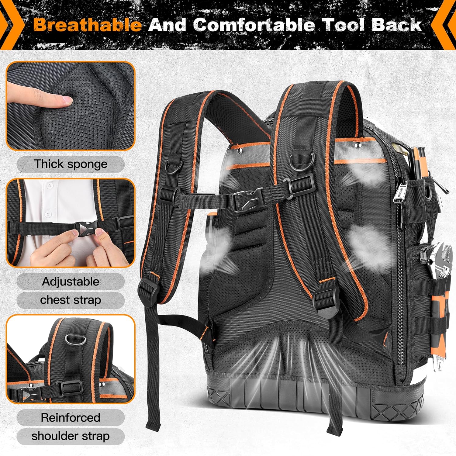 Tool Backpack Bag, HVAC Heavy Duty Construction Tools Backpack for Men, 1680D Professional Level Durable Tool Organizer, with Molded Base & Combination Lock, for Electricians & Home Repair-Version 3.0