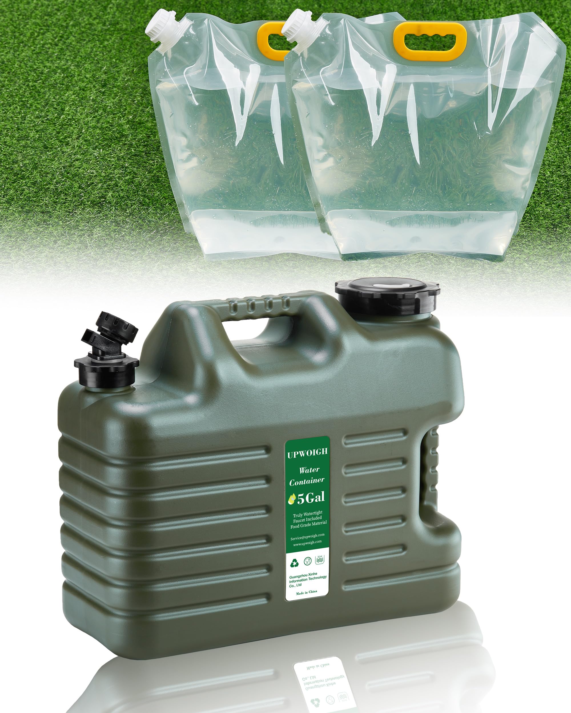 5 Gallon Water Jug and 2.6Gal Collapsible Water Bag Set of 2,Thickened Water Storage Overlanding Gear Containers, Camping Essential Leak-Proof Green Portable Water Tank,BPA Free Outdoors Hiking