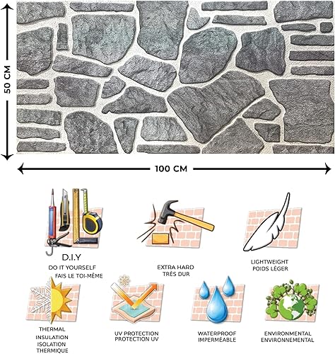 Miniatura 5 de Dundee Deco Paneles de pared 3D revestimiento de pared con aspecto de piedra gris azulado y blanco, revestimiento de espuma de poliestireno para