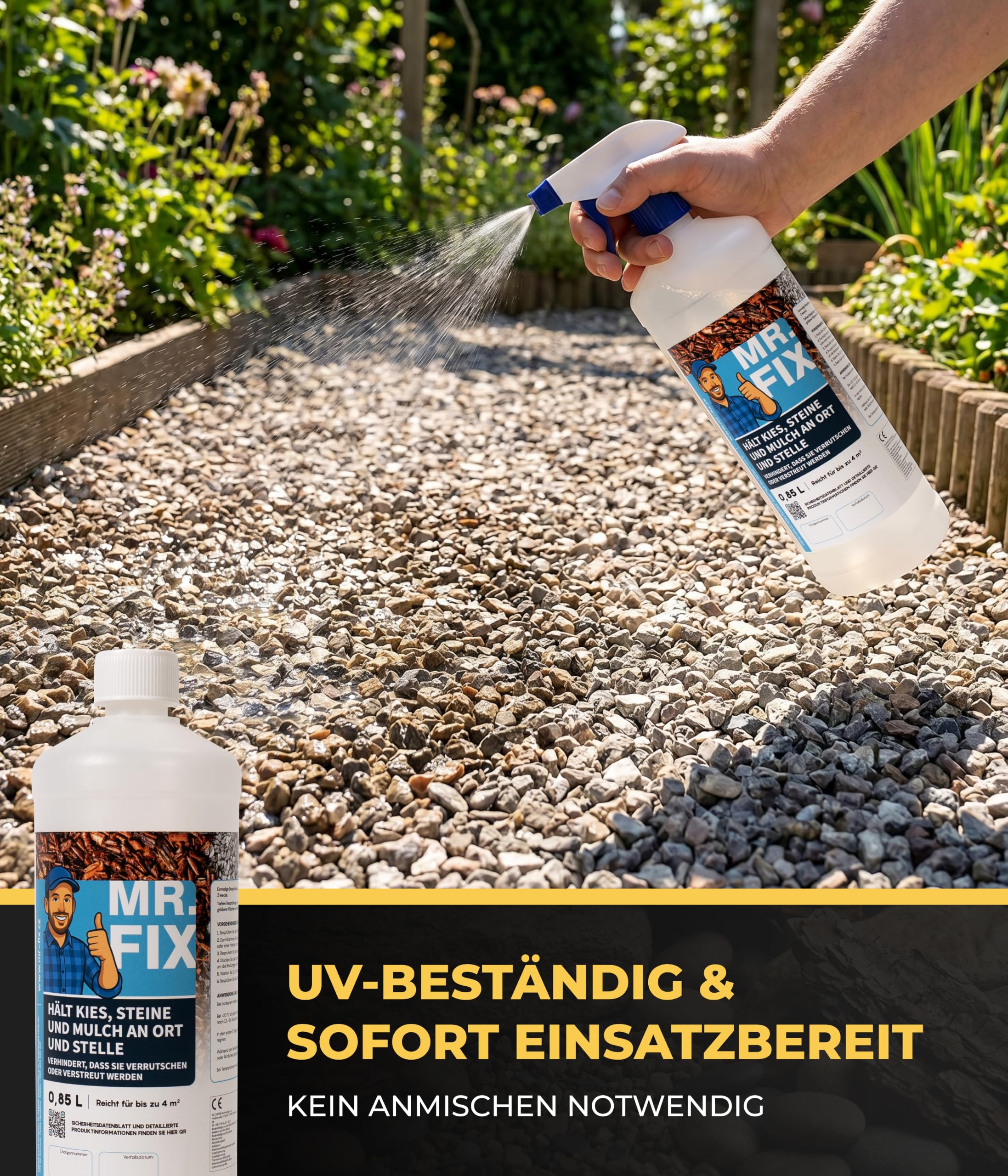 MR. FIX® Kiesbinder (0,85l) – Steinkleber wasserfest & UV-beständig, einfache Anwendung, starke Haftung für Garten & Wege – Kiesverfestiger für Haus und Garten – Made in Germany
