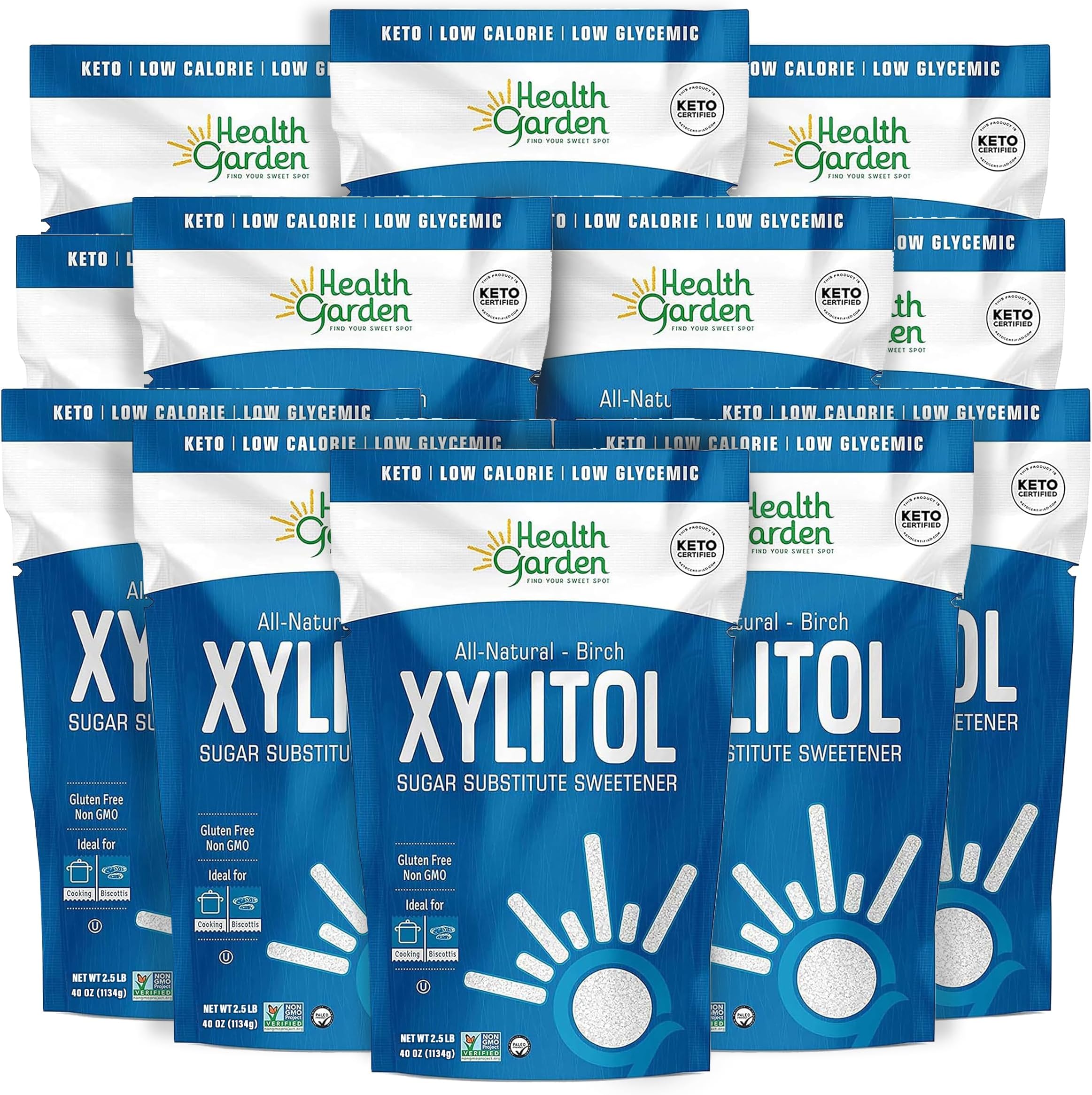 Health Garden Birch Xylitol Sweetener, 40 Oz. x 12, Pure Birch Xylitol, Non-GMO, Kosher, Ideal Powdered Sugar Substitute in Resealable Bag, Low Glycemic Impact Sugar Alternative (2.5 Lb. Pack of 12)
