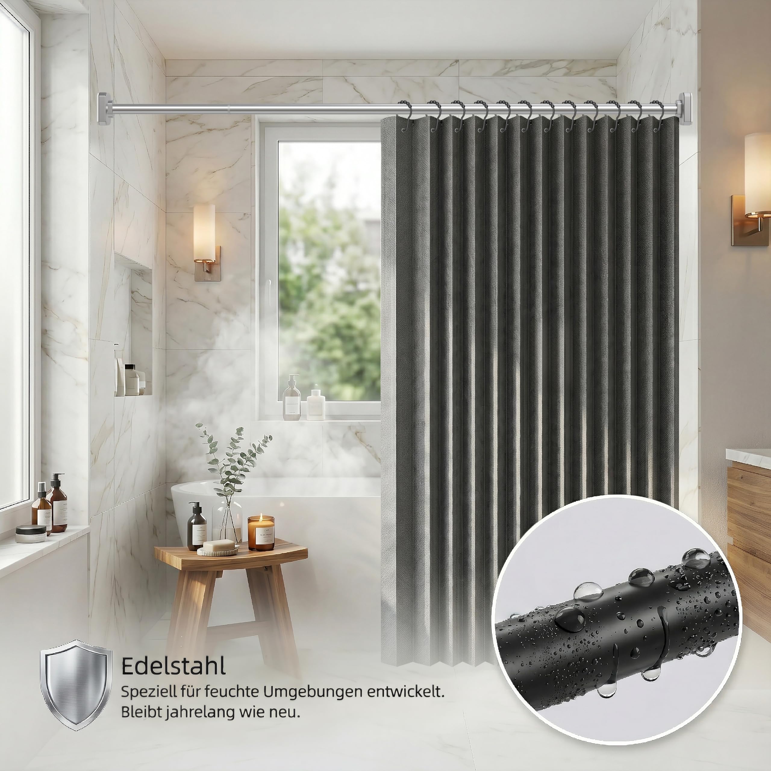 Barra telescópica ajustable de acero inoxidable, sin taladrar, para baño, dormitorio, cocina, salón, armario (plata, 65-249 cm)