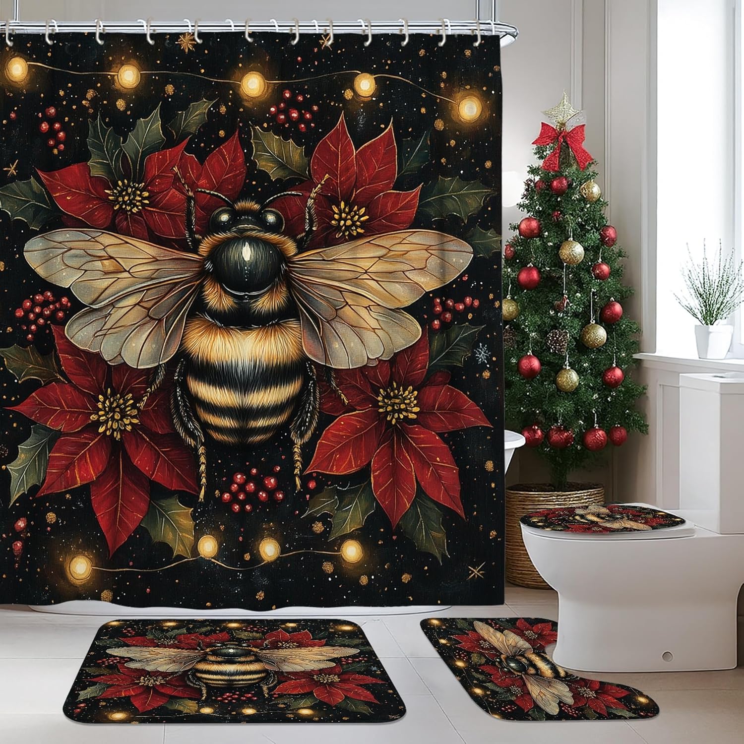 4PCS Vintage Christmas Bee Bathroom Sets, Bath Accessory with Non-Slip Rug, U Shape Toilet Lid Cover Mat, Xmas Poinsettia Insects Bathroom Decor-72''x72''