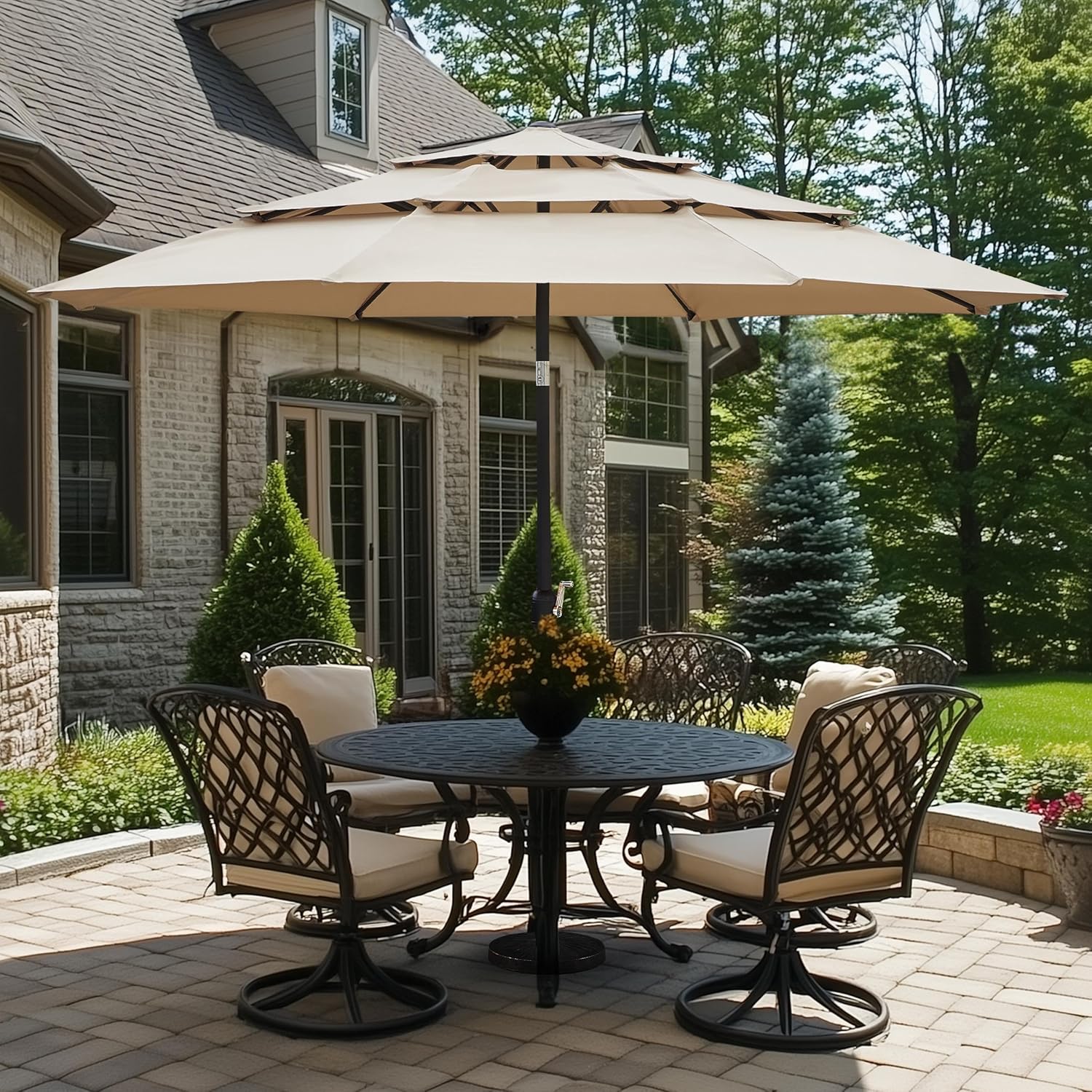 Yaheetech 3-Tier Patio Umbrella 10ft Vented Outdoor Canopy Sun Shade Large Market Table Umbrella Double-layer Cloth & Push-button Tilting for Yard/Garden/Park Tan