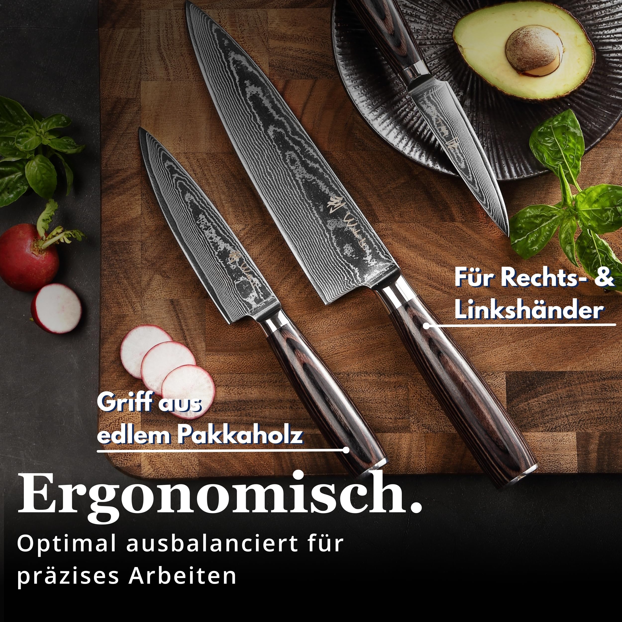 Wakoli EDIB Essentials 3er Messerset aus 67 Lagen Damaststahl mit VG10-Kern | Chefmesser, kleines Chefmesser und Officemesser; Pakkaholzgriffe, Holzbox, 60 ± 2 HRC, für Fleisch, Fisch, Gemüse und Obst