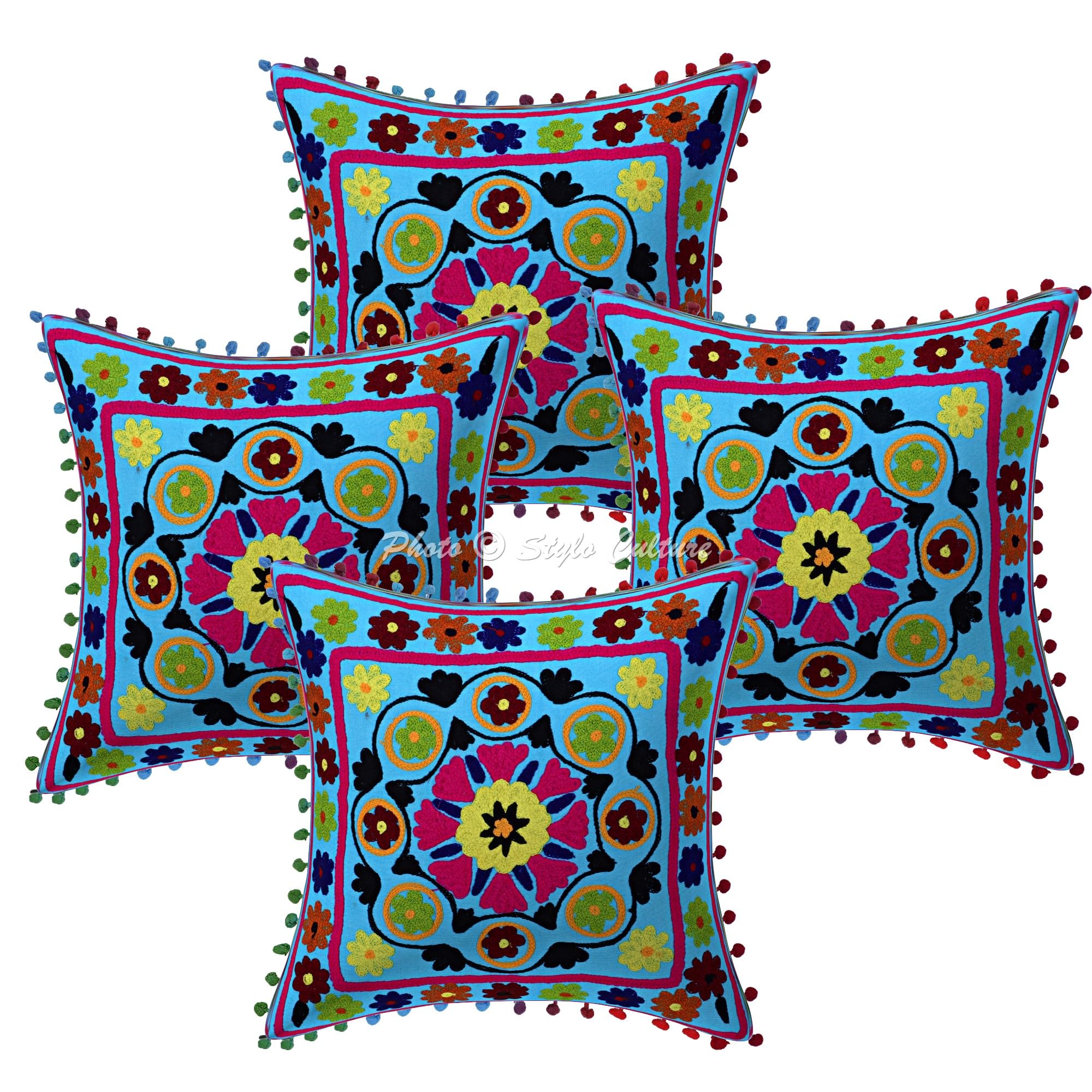Bohemien Dekorativ Baumwolle Couch Kissenbezüge 40x40 cm Türkis Dekokissen Suzani Bestickte Pom-Pom-Spitze Schlafzimmer Sofa Kissen Bezüge Blumen Quadrat Kissenhullen - 4 STK.
