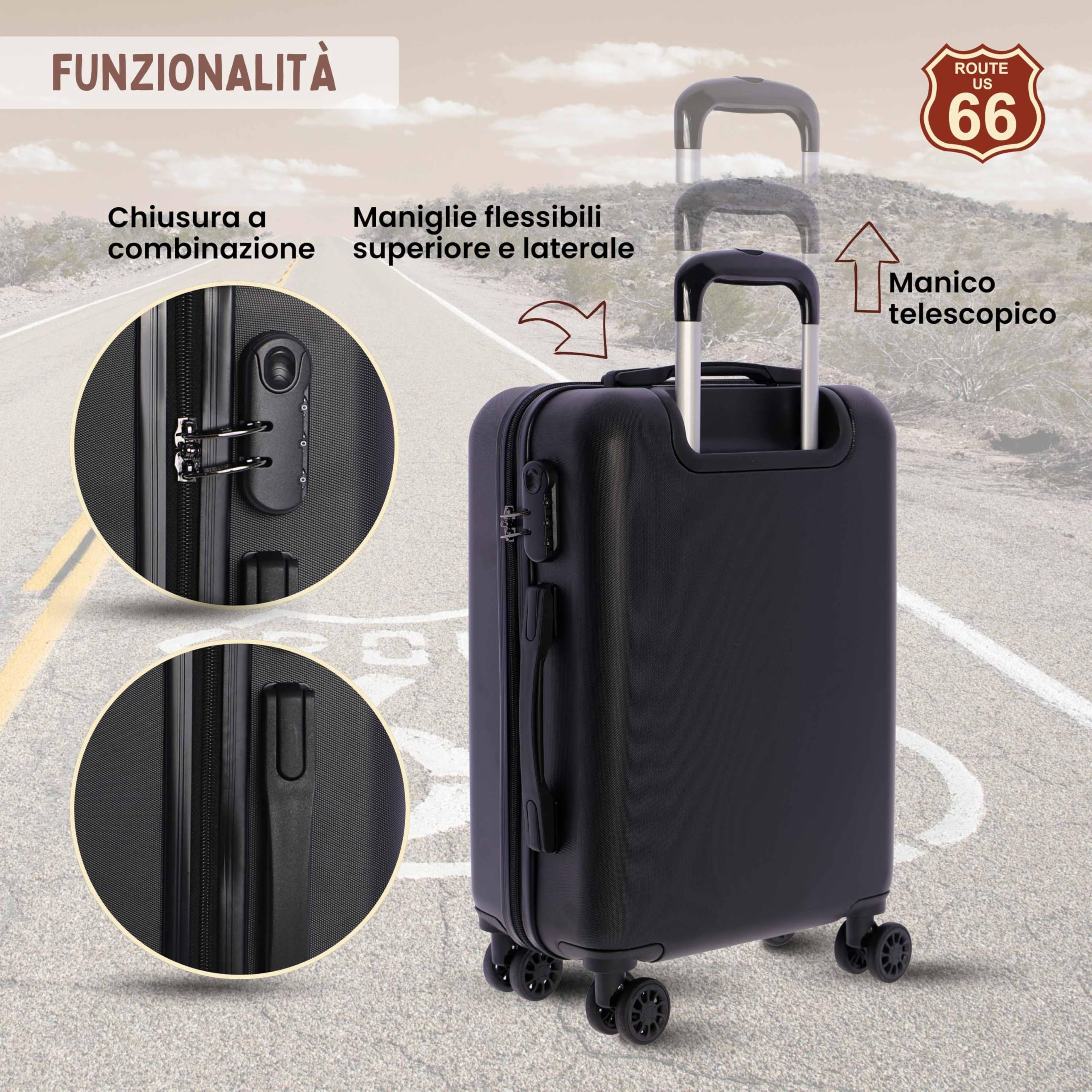 Route 66 Trolley Bagaglio a Mano 55x40x20 — Valigia Cabina Rigida con Ruote 360°, Serratura a Combinazione, Leggera e Resistente per Viaggi e Ogni Compagnia Aerea