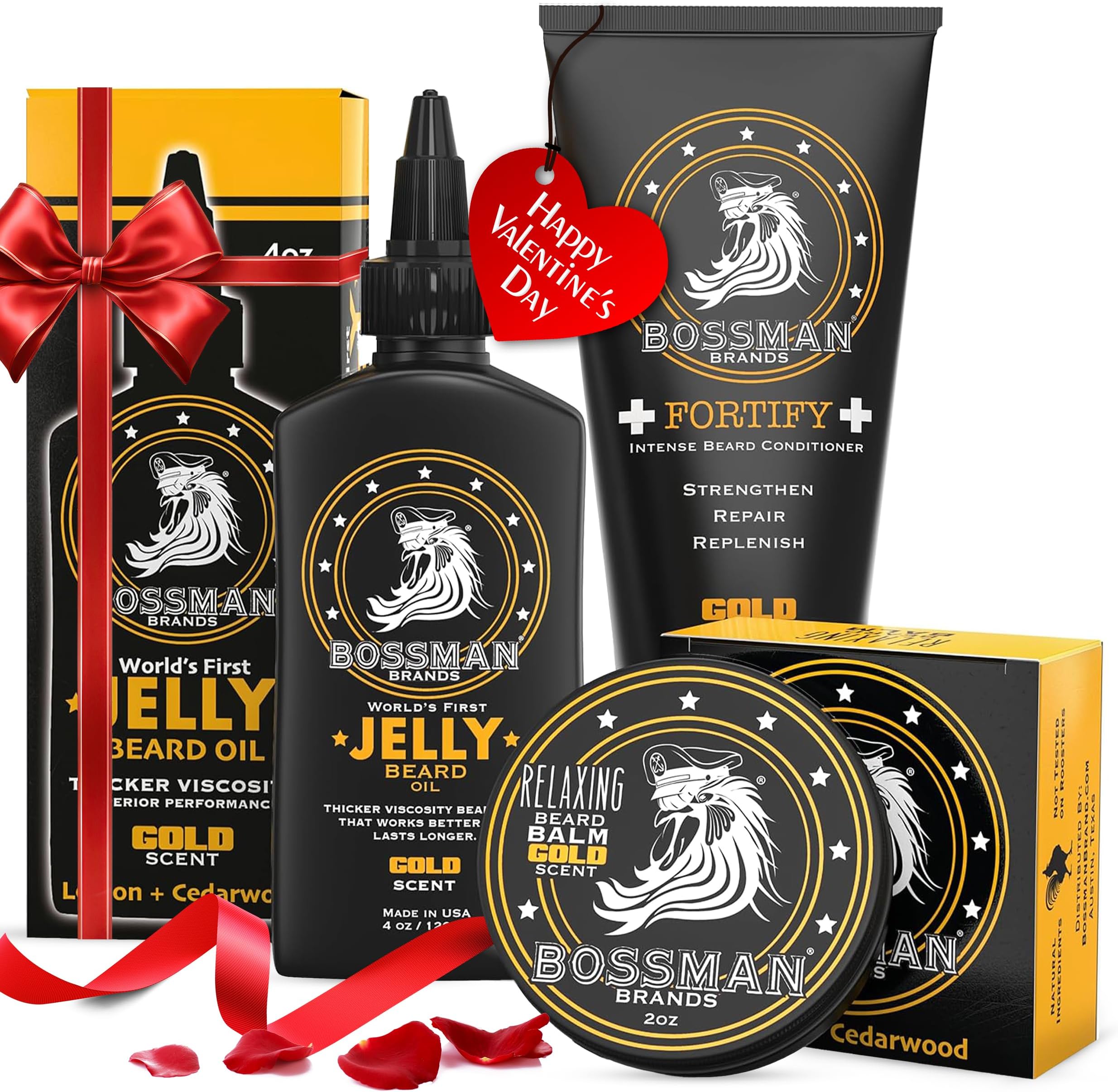 Bossman Essentials Beard Kit for Men, Set of 3 - Beard Oil Jelly, Fortifying Conditioner Cream, Beard Balm - Grooming Growth Care Accessories - Gift Set for Men (Gold)