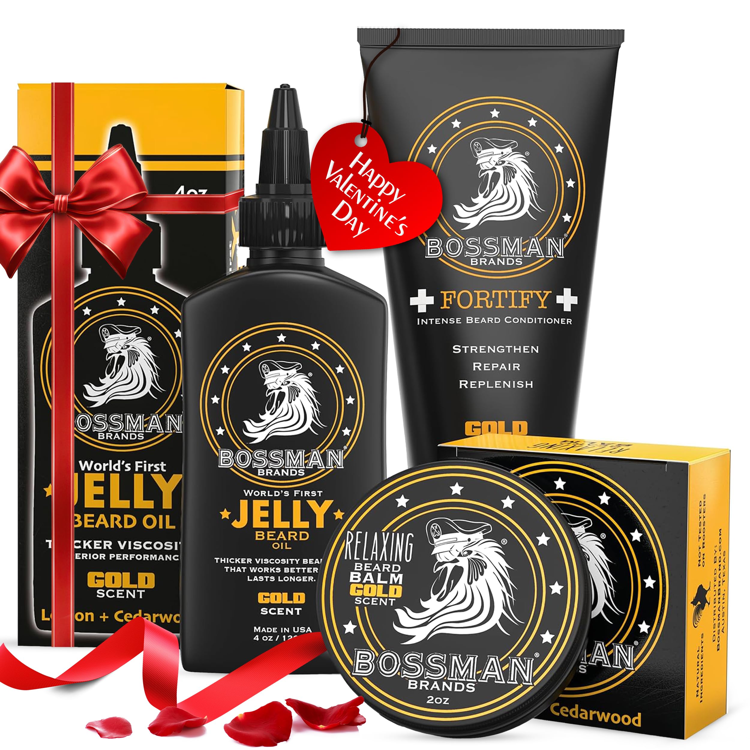 Bossman Essentials Beard Kit for Men, Set of 3 - Beard Oil Jelly, Fortifying Conditioner Cream, Beard Balm - Grooming Growth Care Accessories - Gift Set for Men (Gold)