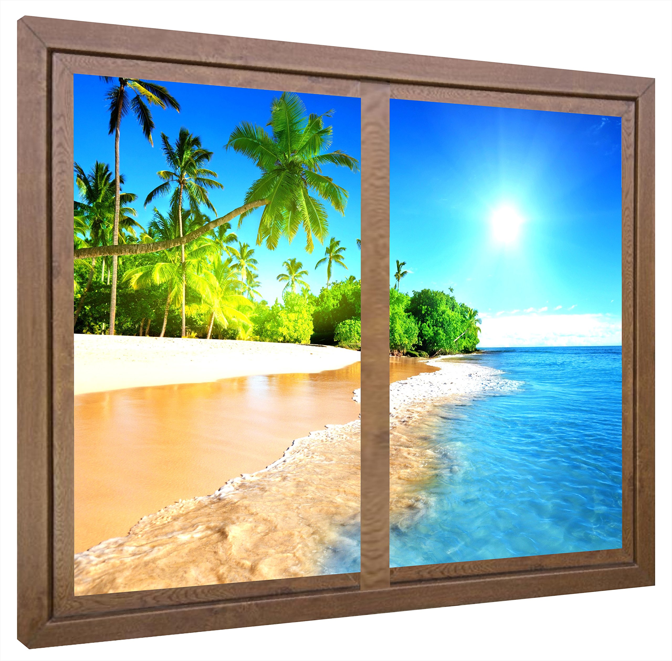 Tableau lumineux plage déserte en méthacrylate et cadre noyer 80x80
