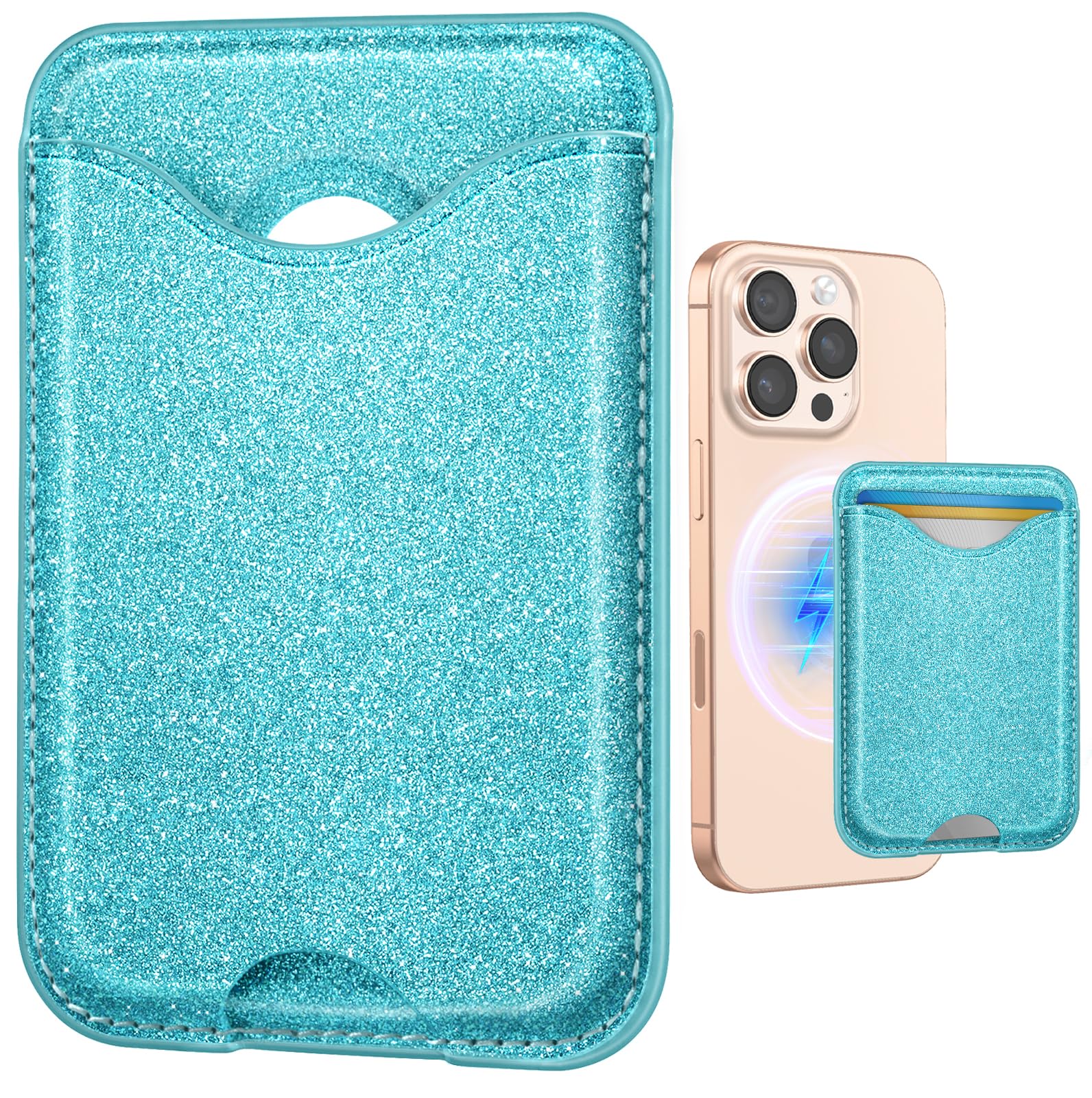 Shorogyt Compatible with Magsafe Wallet Magnetic Card Holder - Glitter Light Blue Phone Wallets for Women Teen Girls for iPhone 16/15/14/13/12 Series Slim for Apple Mag RFID Magnet, Fit 3 Cards-image-11
